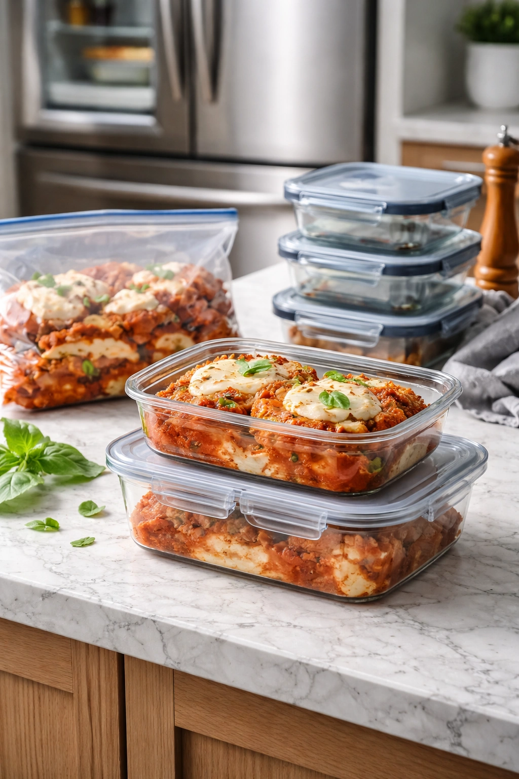 Leftover chicken parmesan storage containers and freezer bag ready for refrigeration or freezing