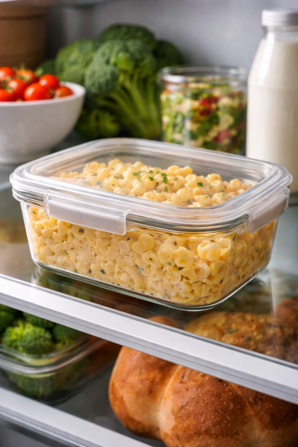 Airtight container of leftover mac and cheese on a refrigerator shelf