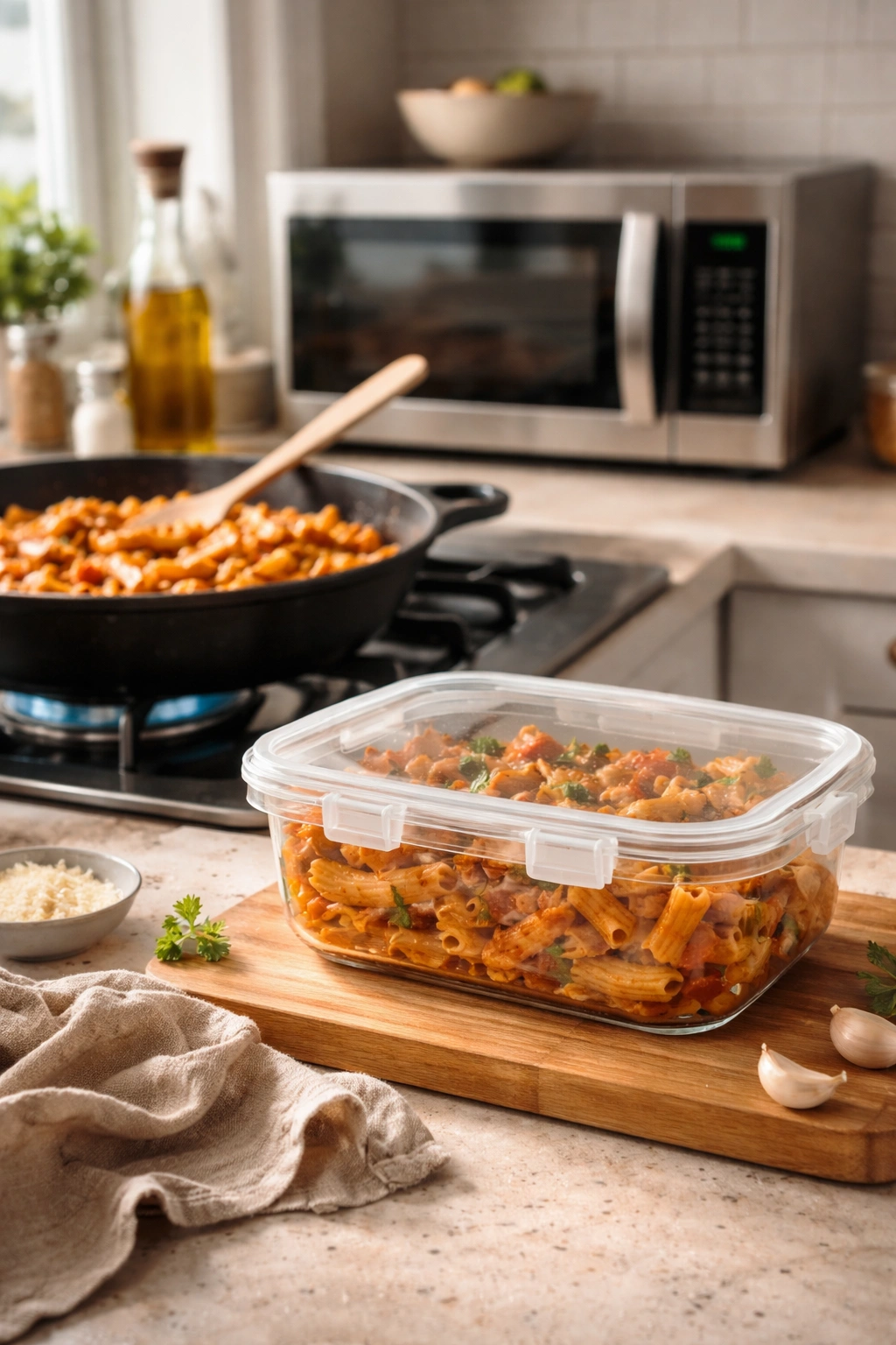 Leftover pasta in airtight container with skillet and microwave on kitchen counter