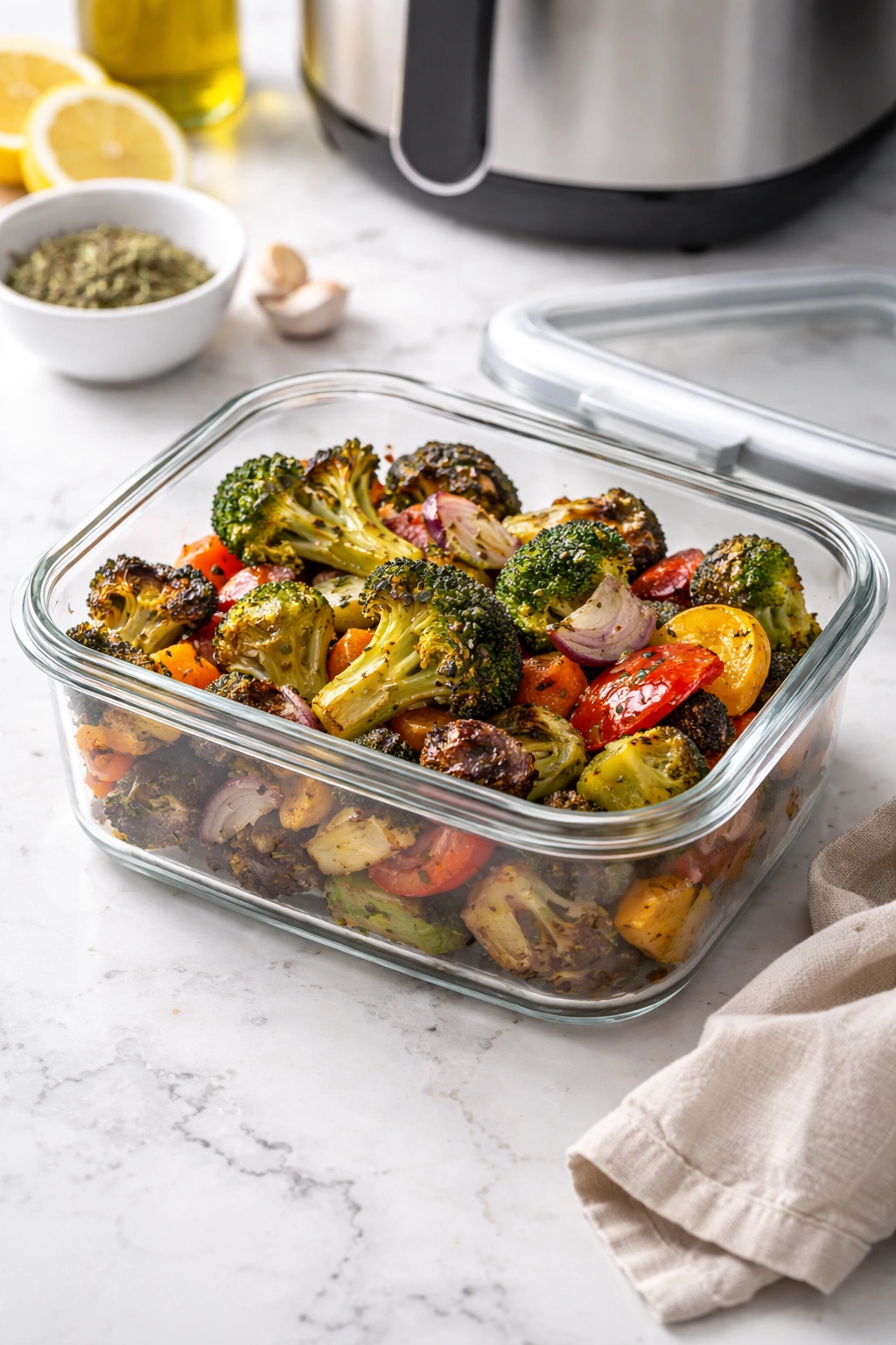 Airtight container of roasted vegetables for storage and reheating