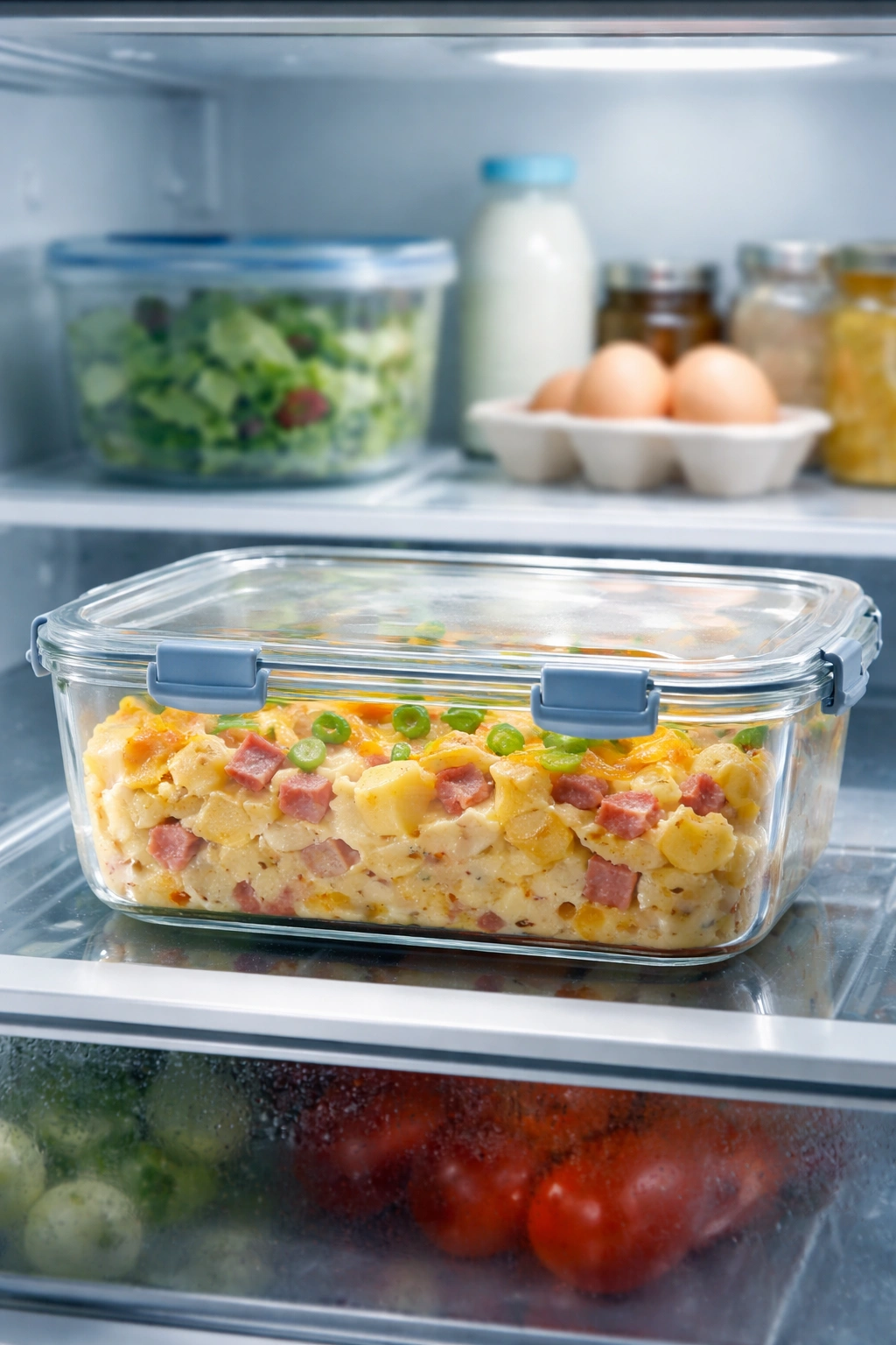Airtight container of leftover casserole in fridge