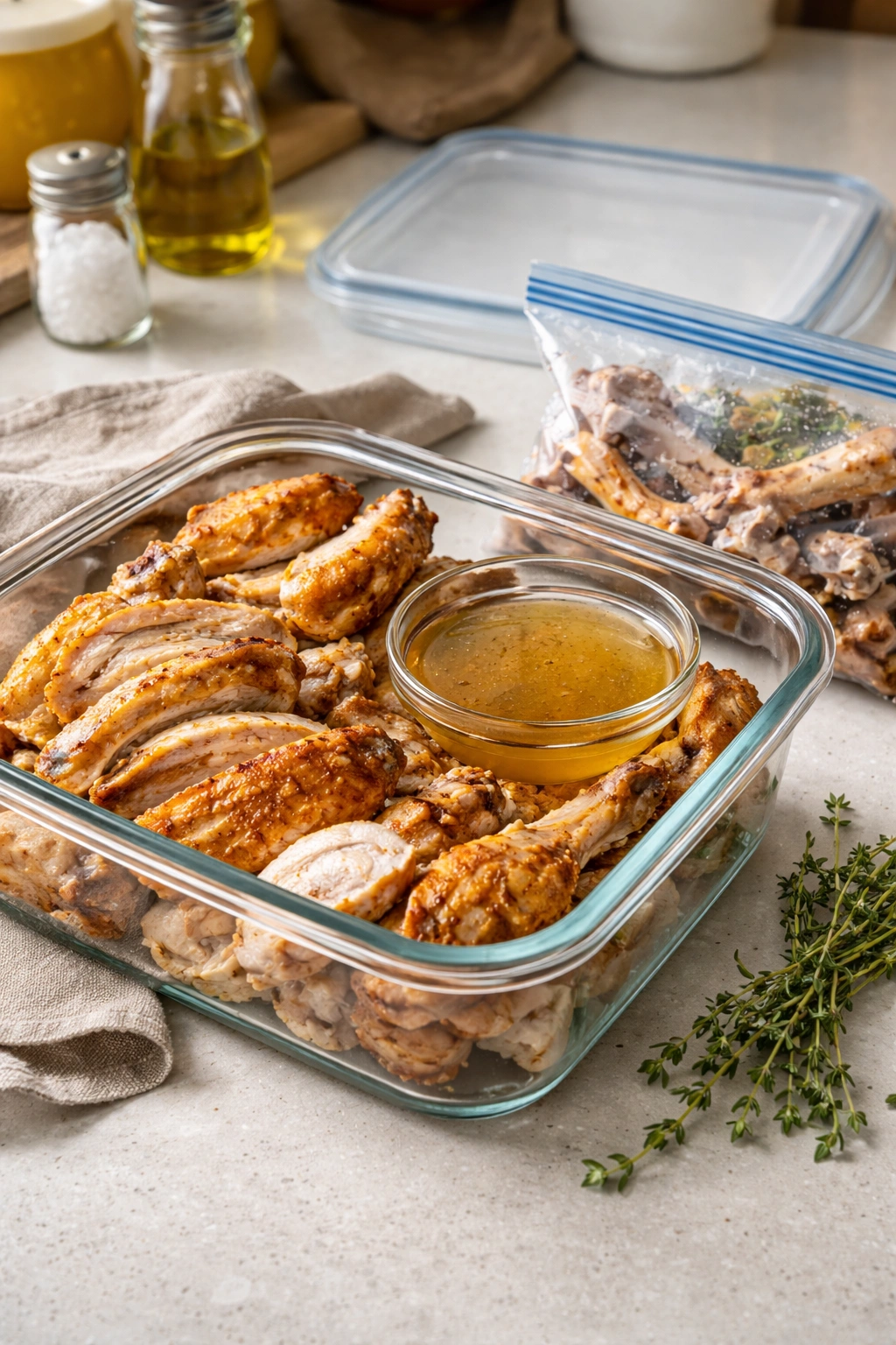 Cooked chicken in an airtight container with broth and stock bones nearby