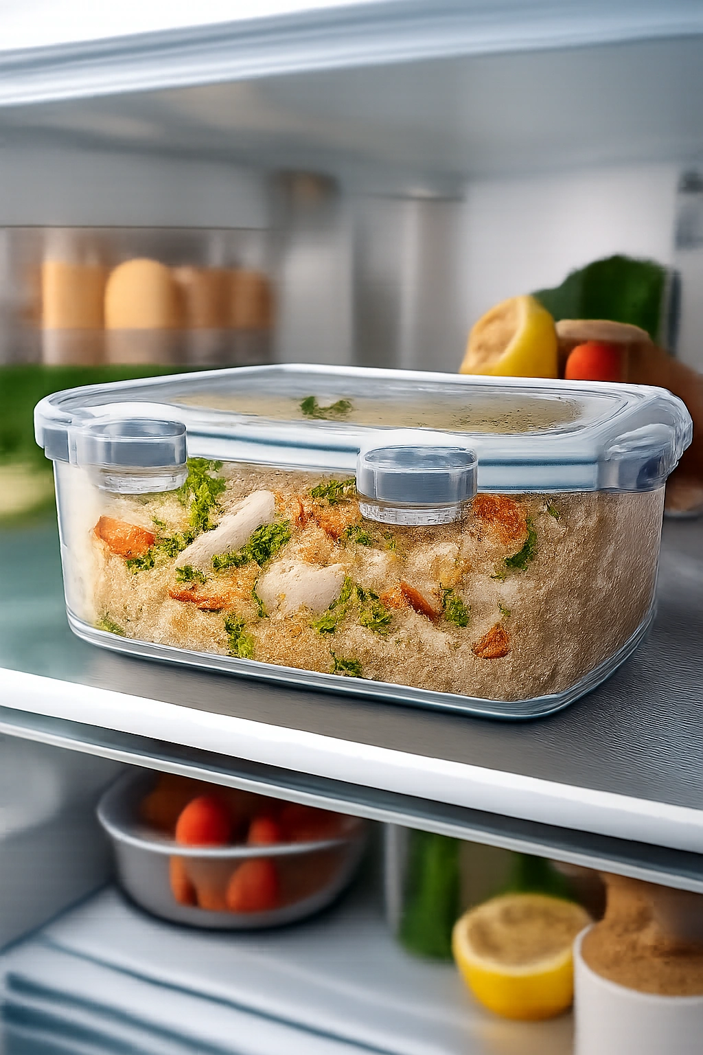 Airtight container of chicken and rice inside the fridge