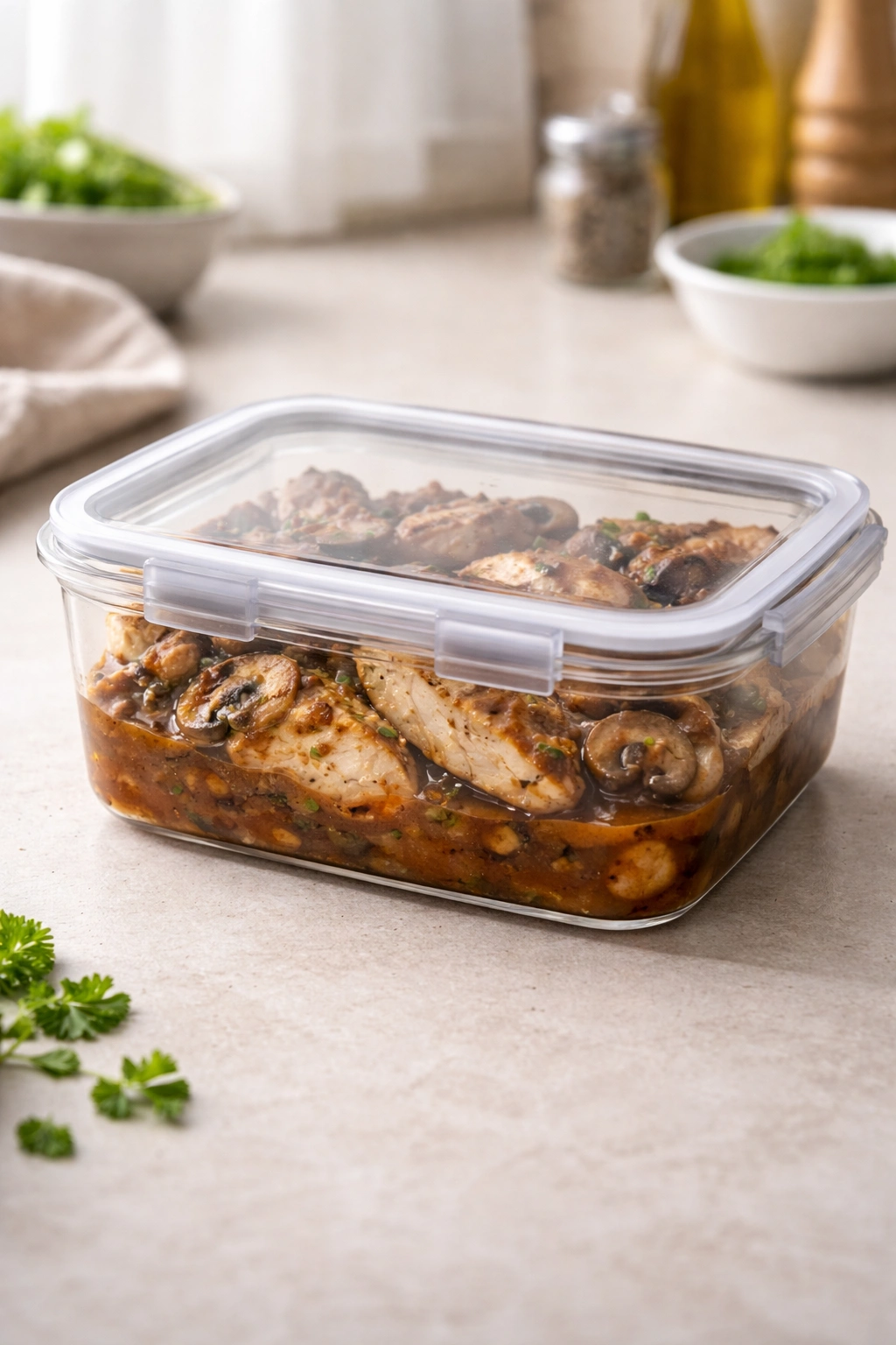 Clear airtight container with chicken and marsala sauce for storage
