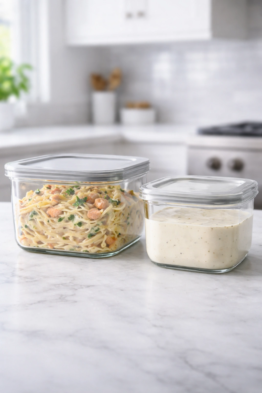 Leftover pasta and sauce stored in glass containers on counter