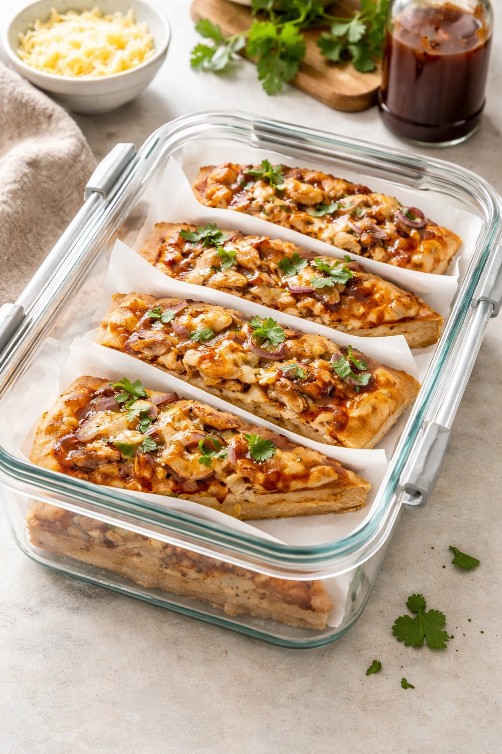 Airtight container with parchment-separated pizza slices ready for storage