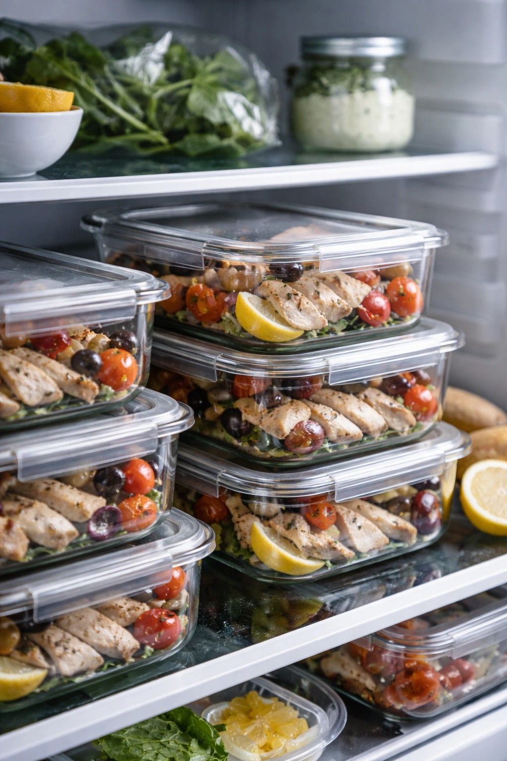 Meal prep containers with chicken and vegetables stored in fridge