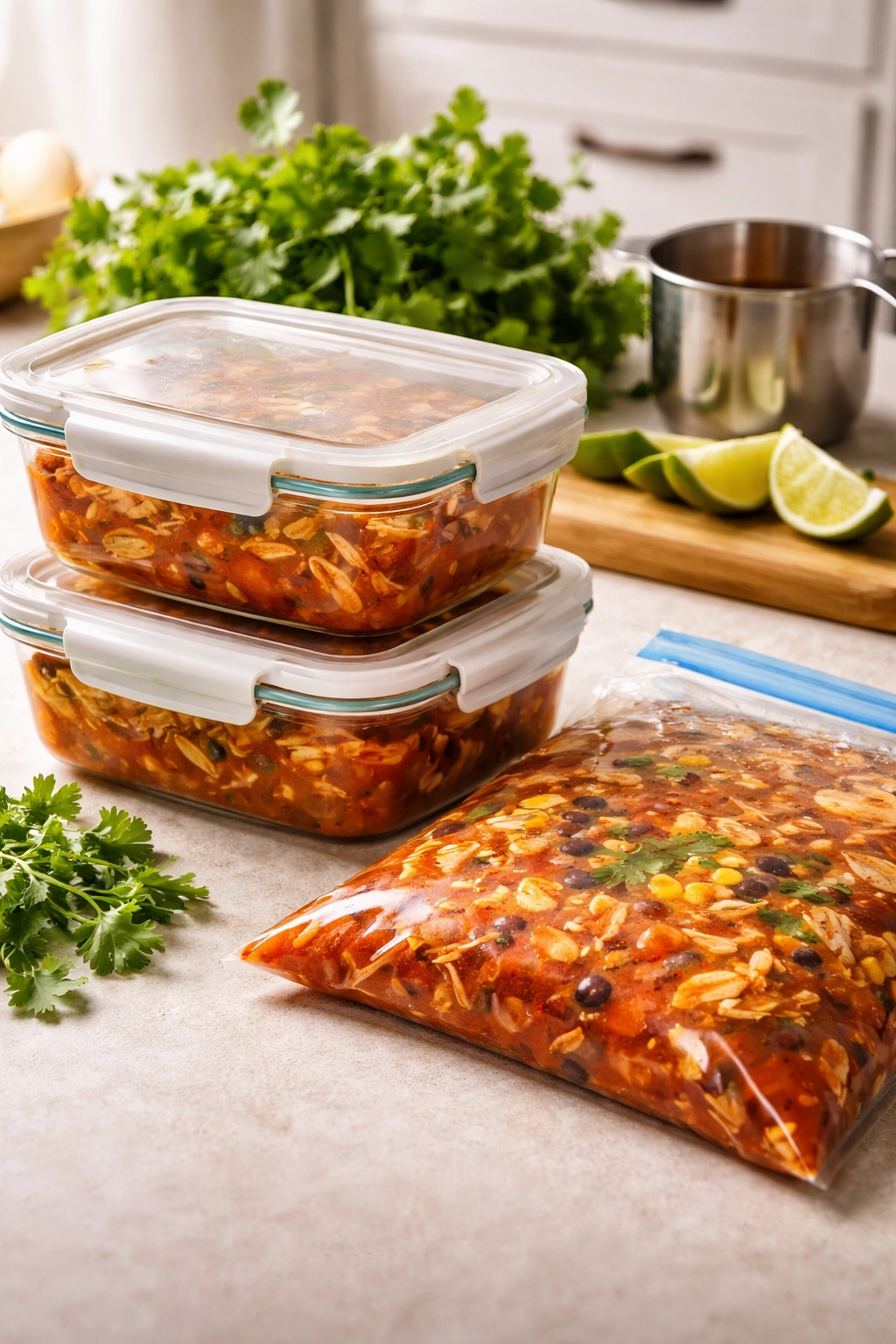 Broth stored in airtight containers ready for storage and reheating