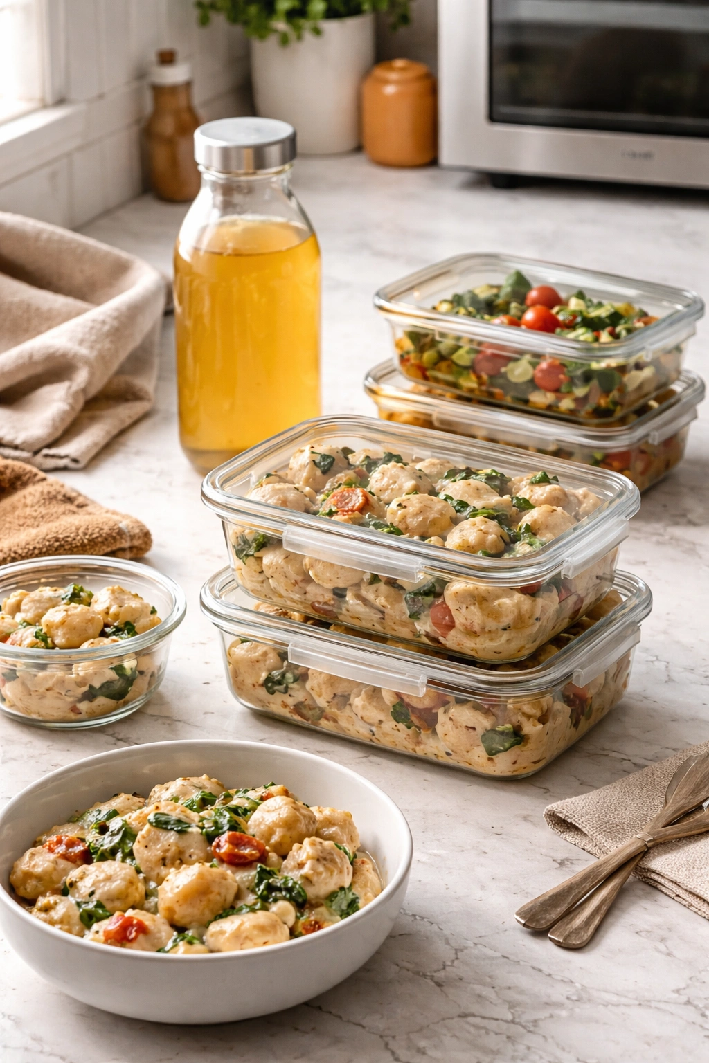 Airtight containers and broth for storage and reheating