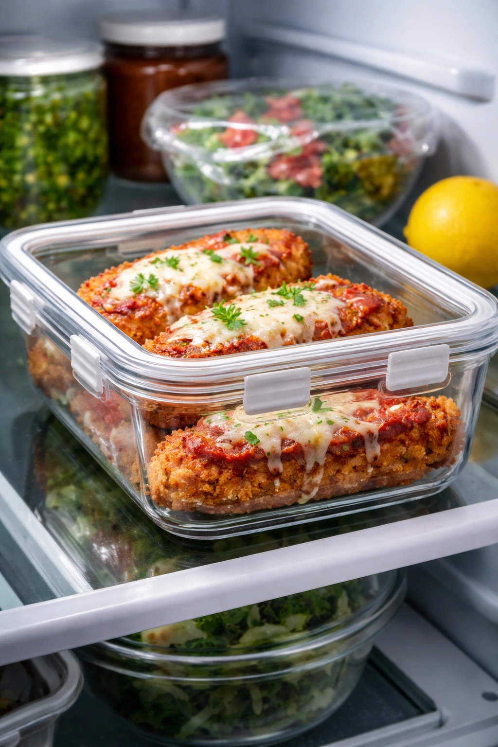 Leftover chicken parmesan stored in airtight container in fridge