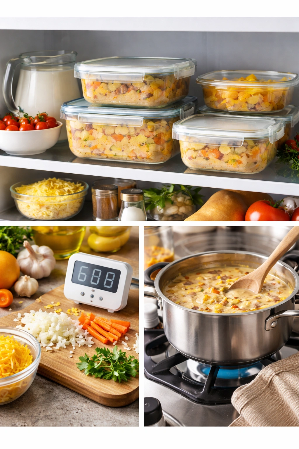 Containers of cheeseburger soup in fridge and a pot on stove for reheating.