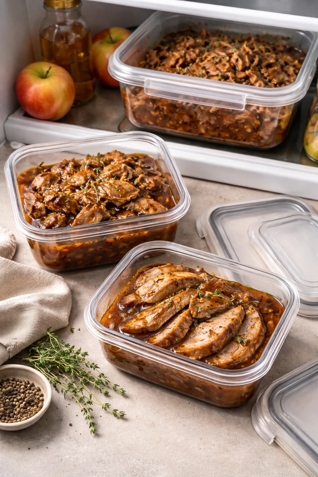 Airtight containers of braised pork for storage and make-ahead reheating.