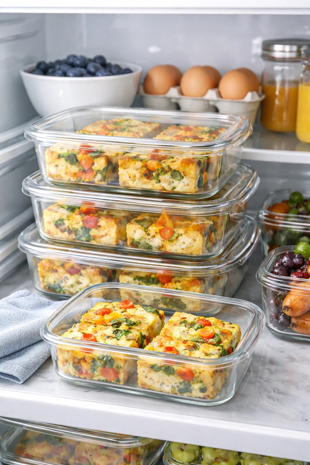 Glass containers with sheet pan eggs stored in fridge