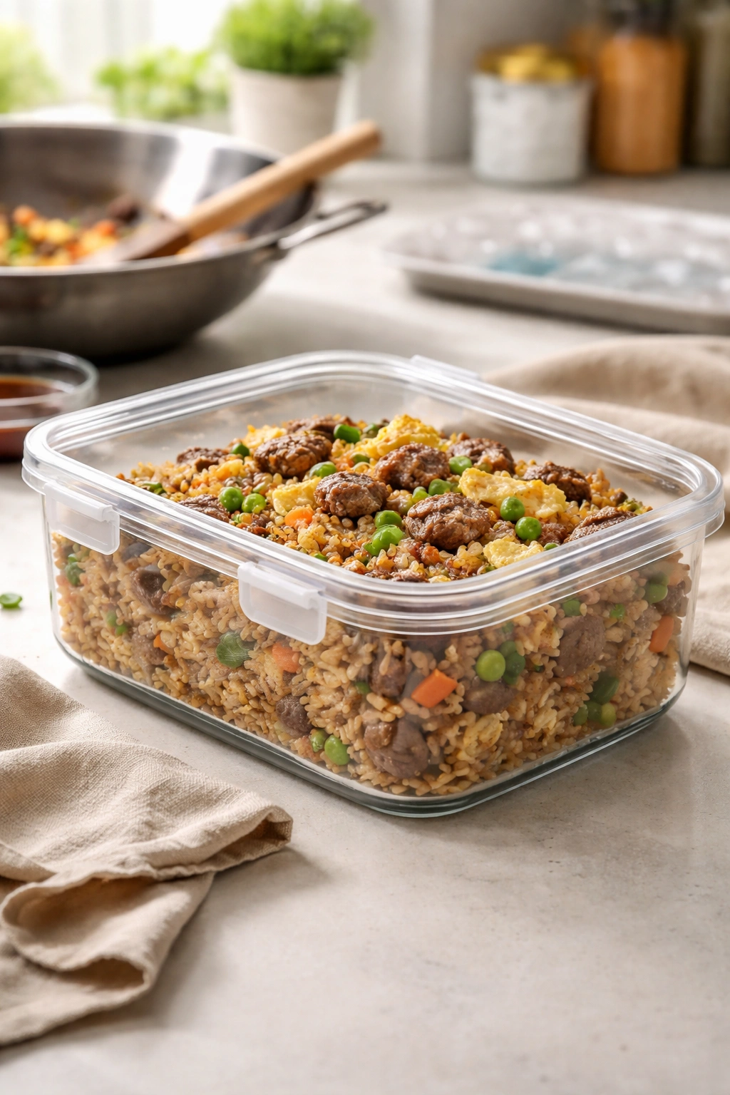 Airtight container of cooled beef fried rice ready for storage or reheating