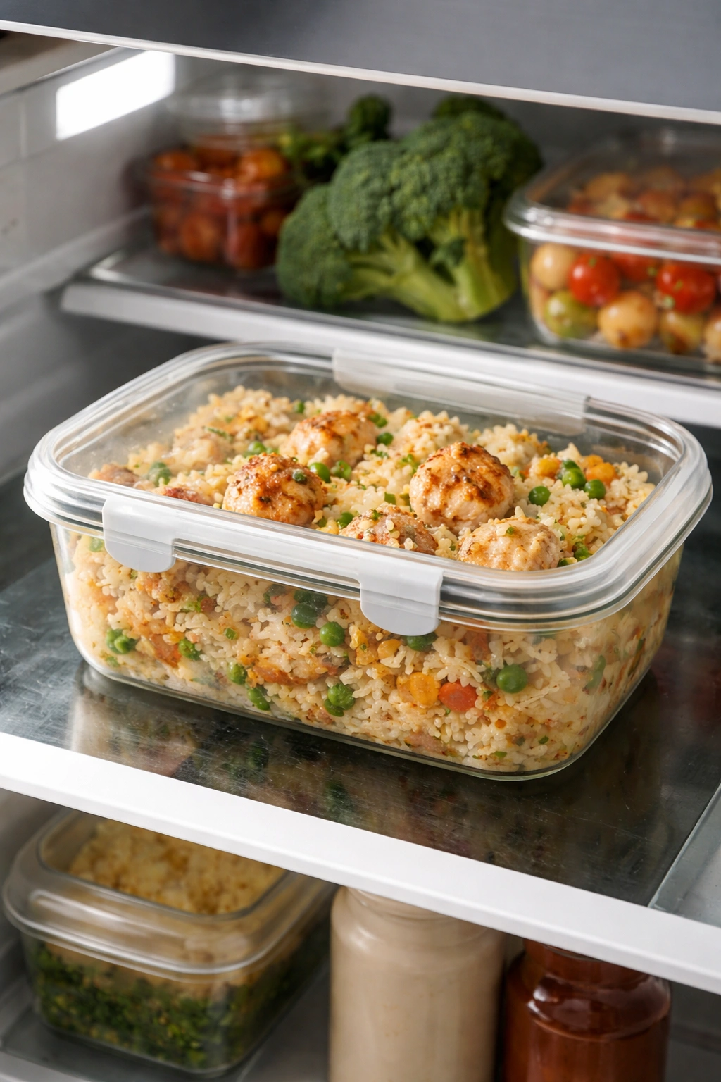 Airtight container of chicken and rice in a fridge, signifying storage and make-ahead tips.