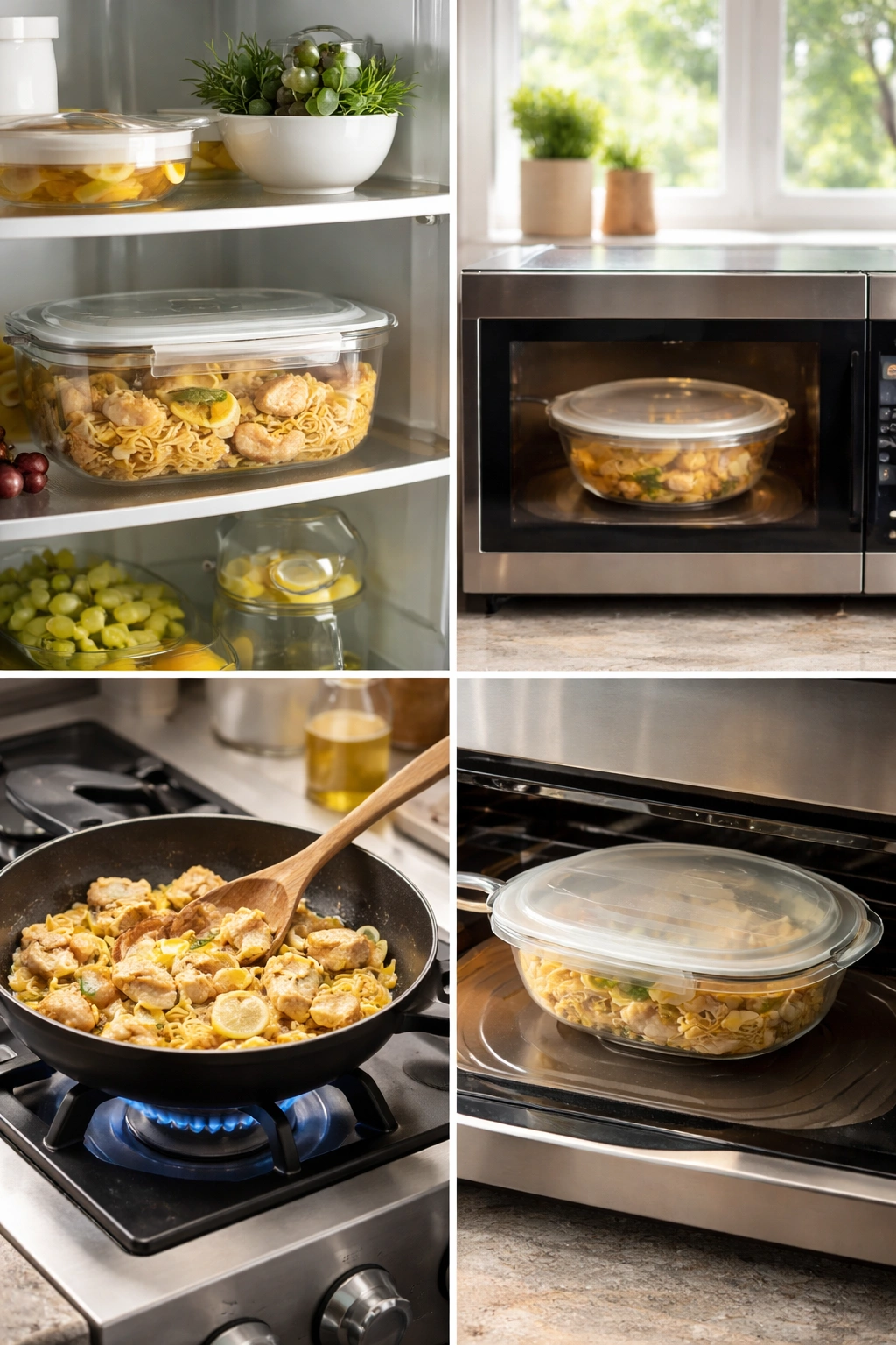 Leftover chicken scampi stored in a glass container in the fridge, skillet warming on stove, microwave with dish ready for reheating