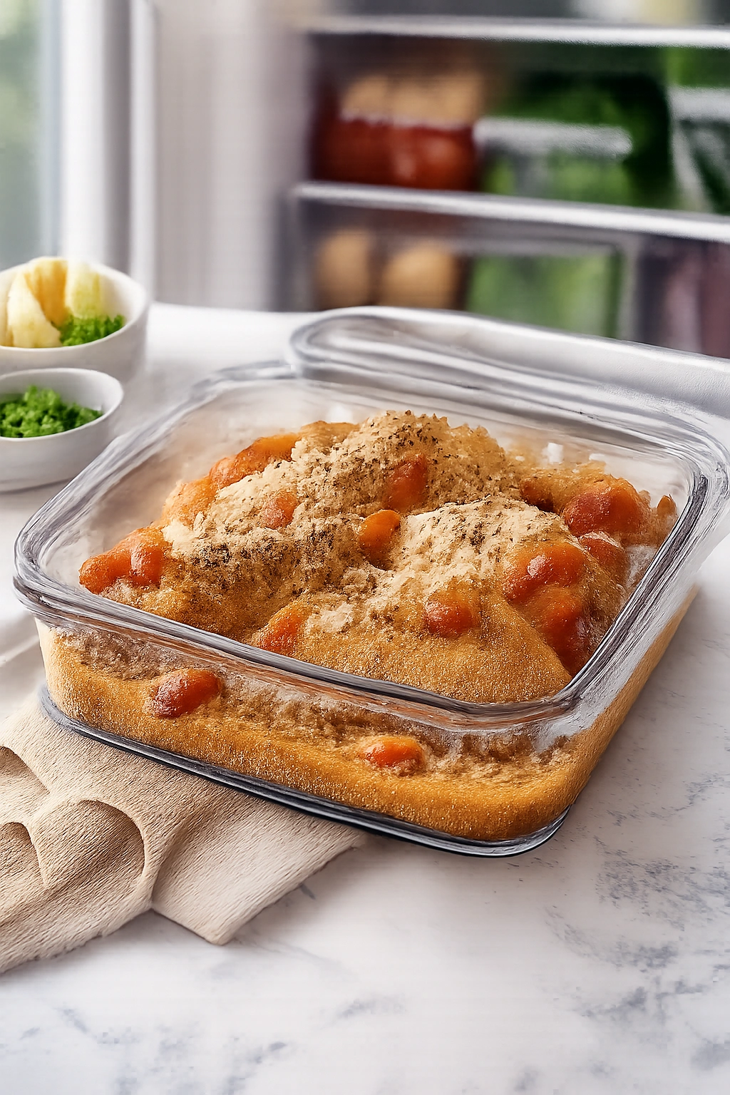 Leftovers in a transparent container on a kitchen counter.