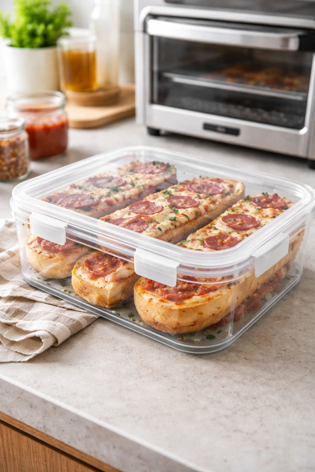 Airtight container with prepared French bread pizza halves for storage and reheating setup