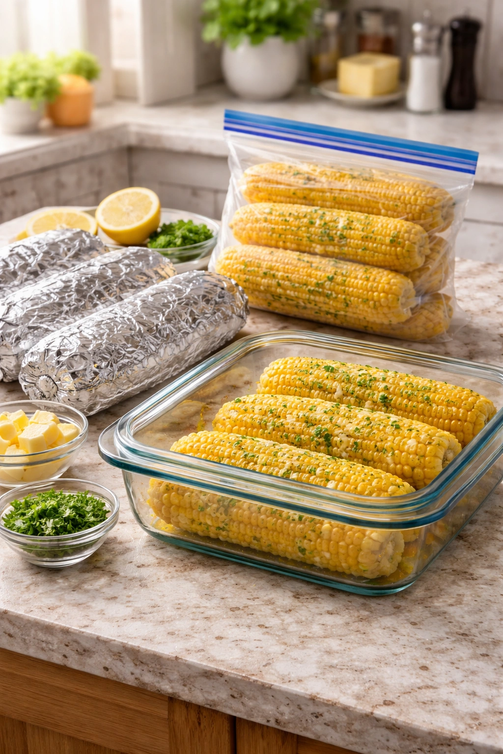 Foil-wrapped bundle and covered dish on a clean kitchen counter