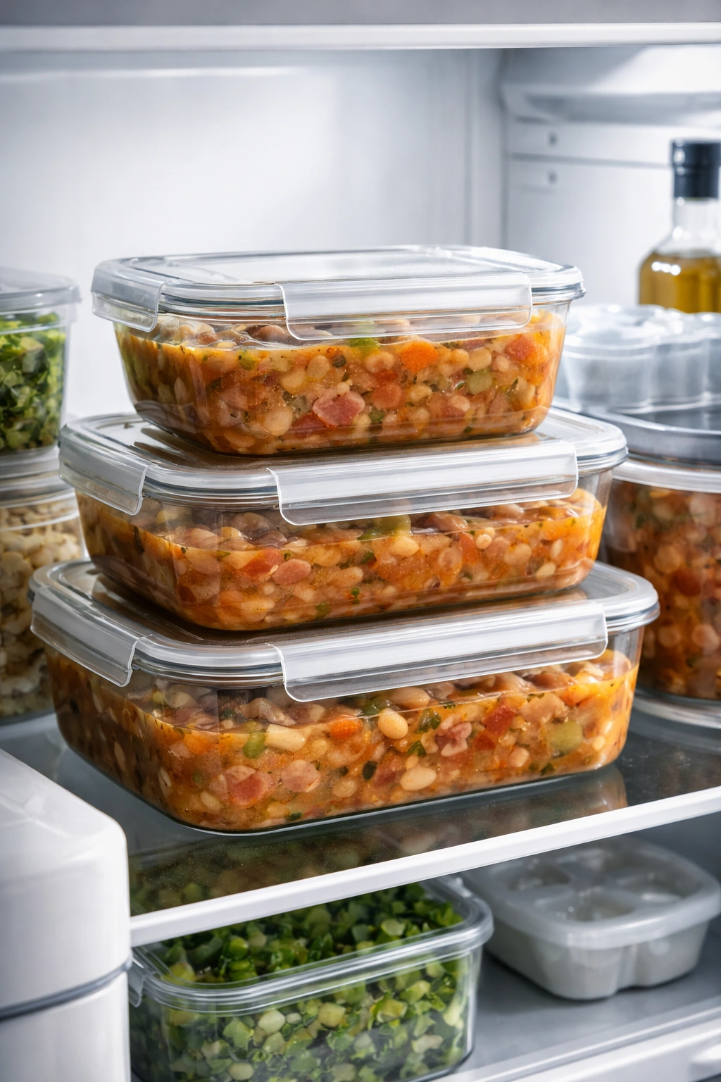 Glass containers of soup on fridge shelf
