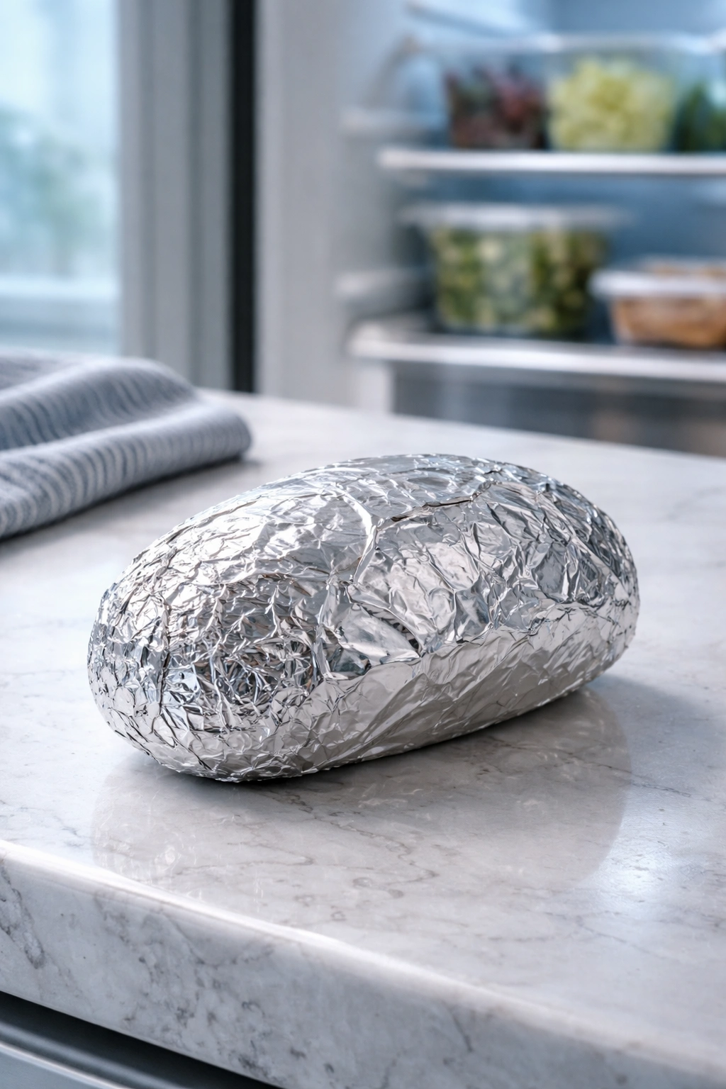 Foil-wrapped baked potato ready for storage and reheating