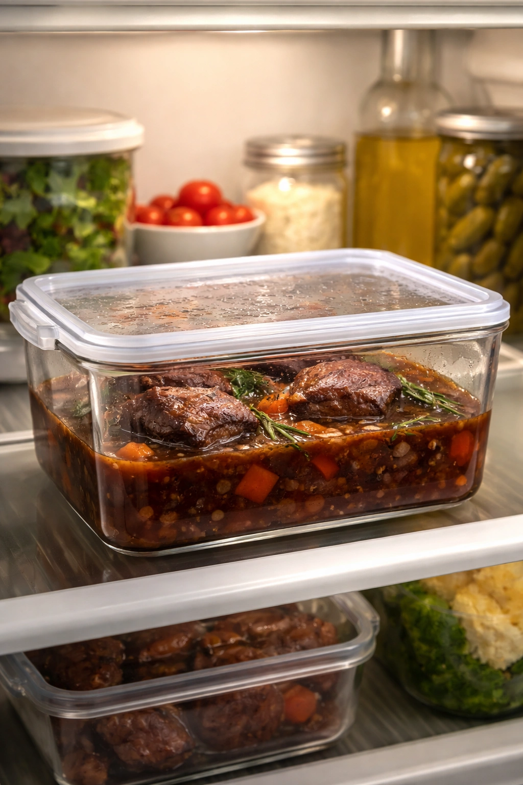 Braised short ribs in storage liquid in fridge container