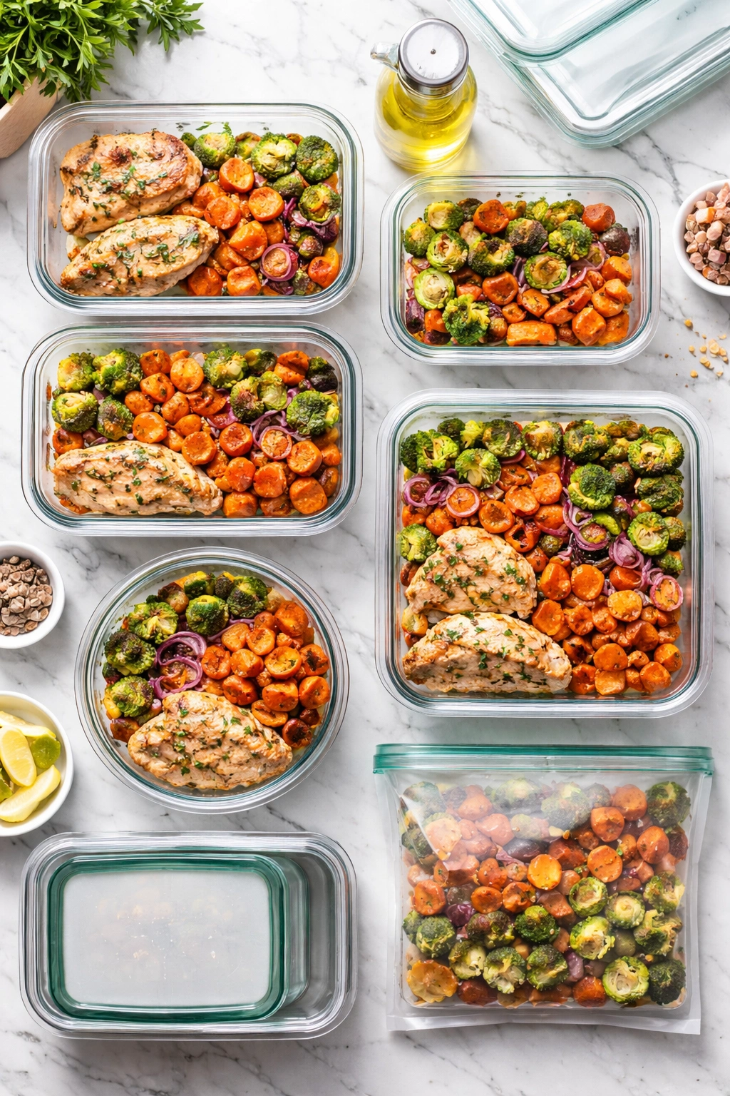 A row of airtight containers with sheet pan leftovers for storage