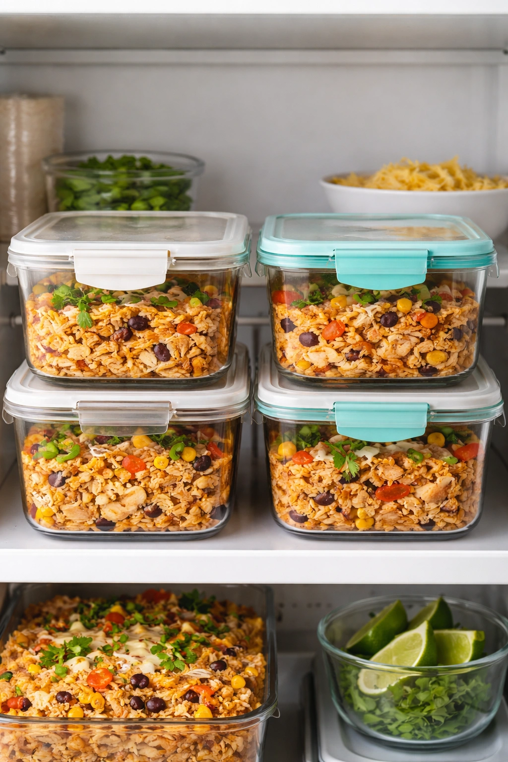 Clear meal-prep containers filled with chicken enchilada rice stored on a kitchen shelf