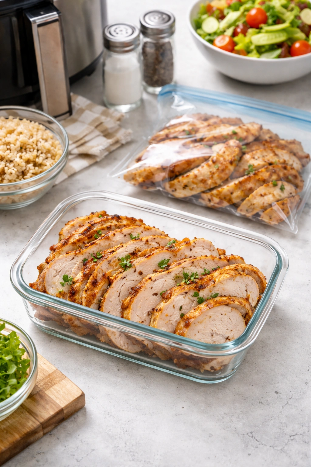 Container of sliced air-fried chicken ready for refrigeration and meal prep