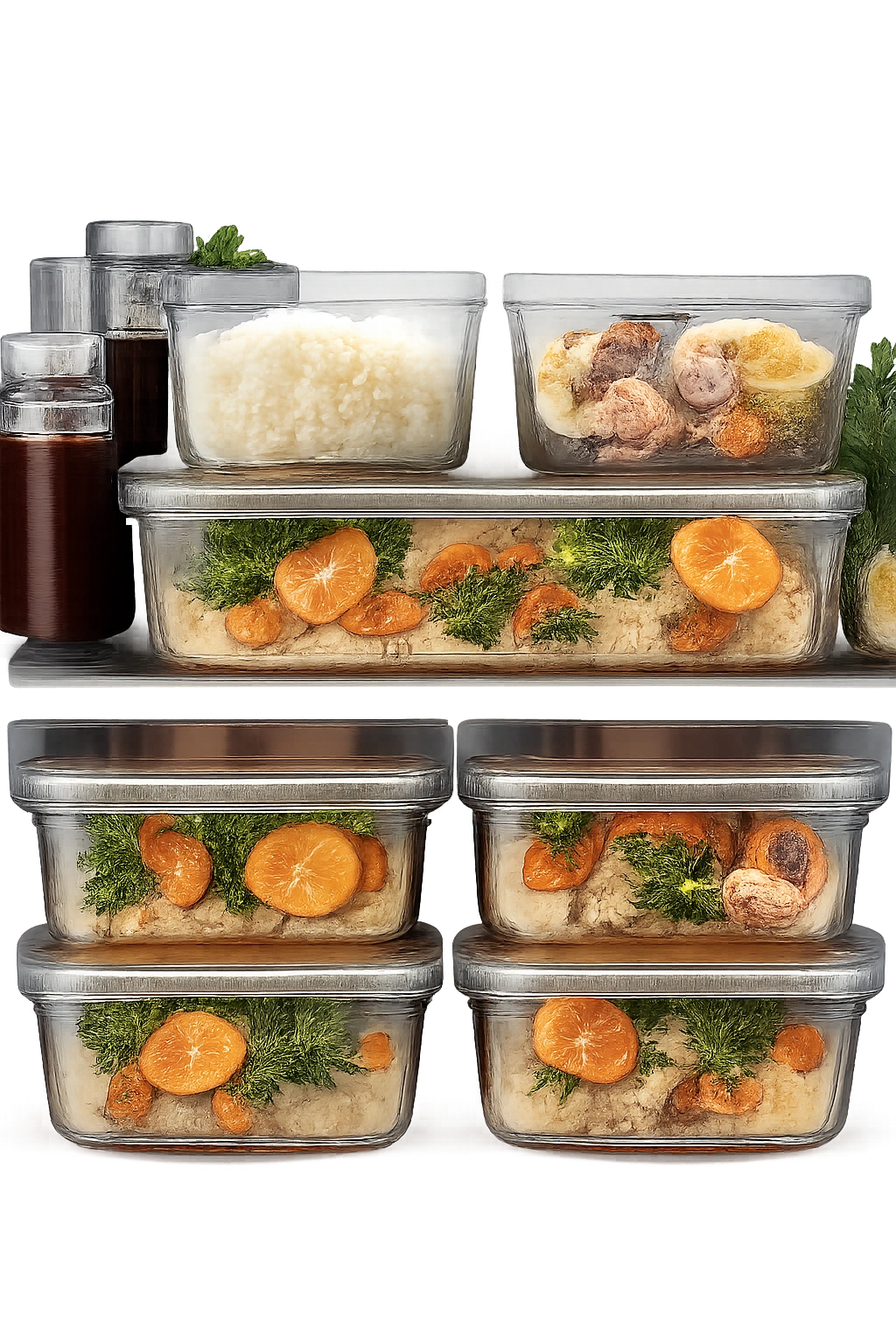 Containers with shrimp stir-fry stored in a refrigerator for meal prep