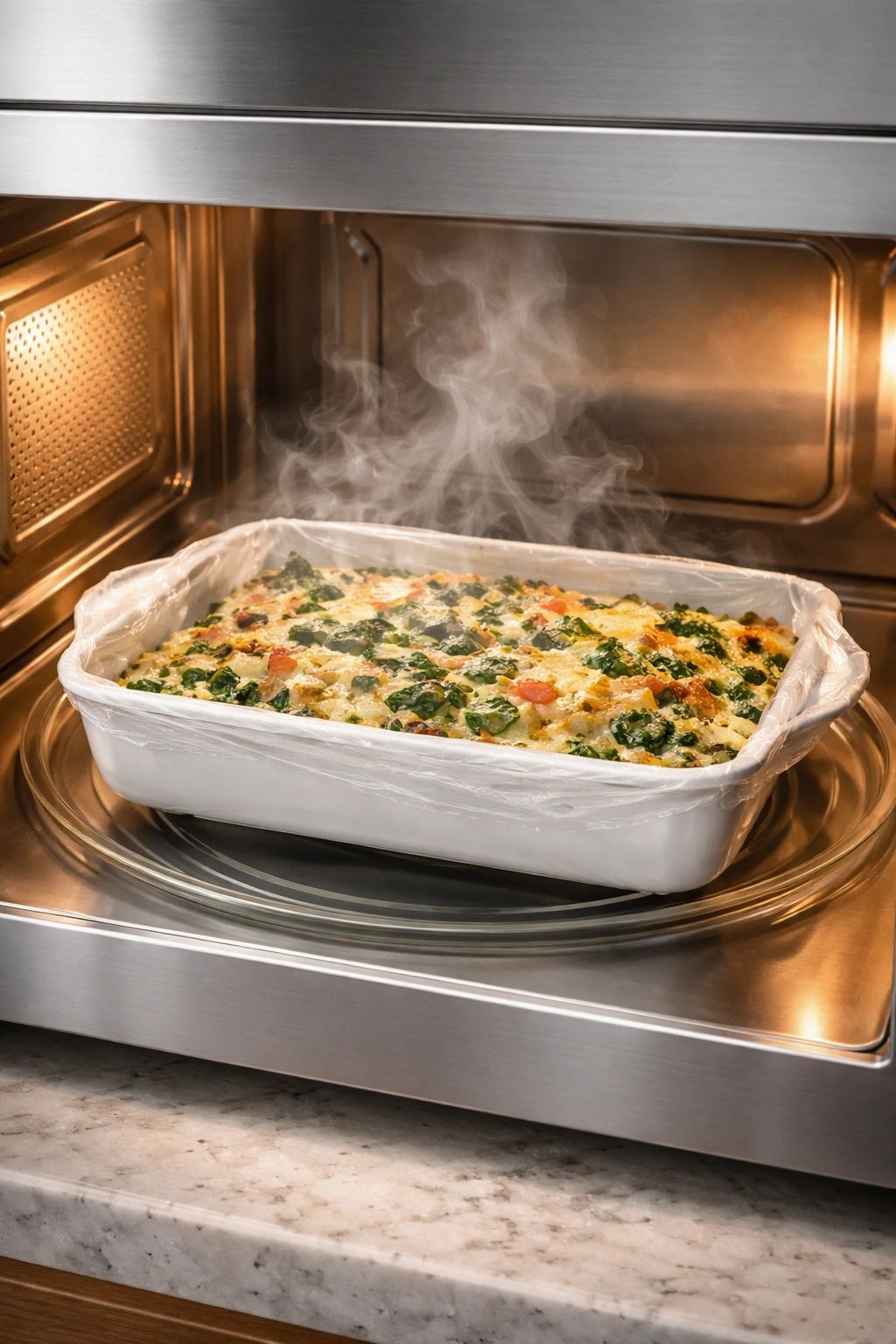 Casserole reheating in microwave in a bright modern kitchen