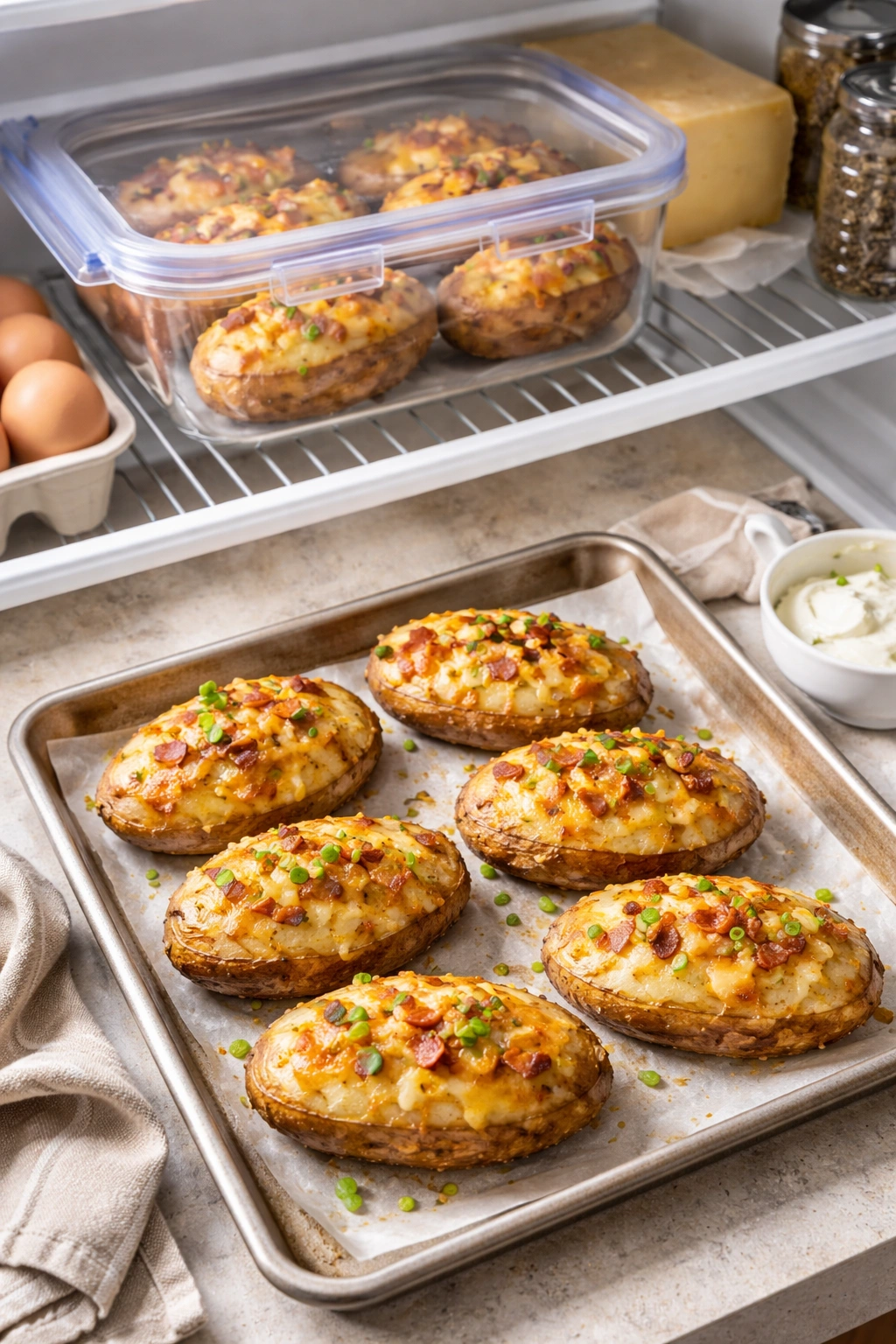 Airtight container with twice-baked potatoes and a sheet ready to reheat