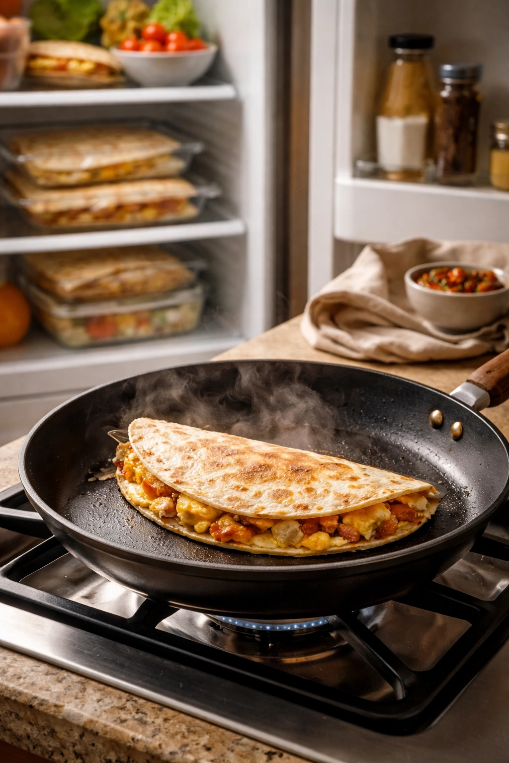 Quesadilla reheating on a skillet with fridge storage nearby