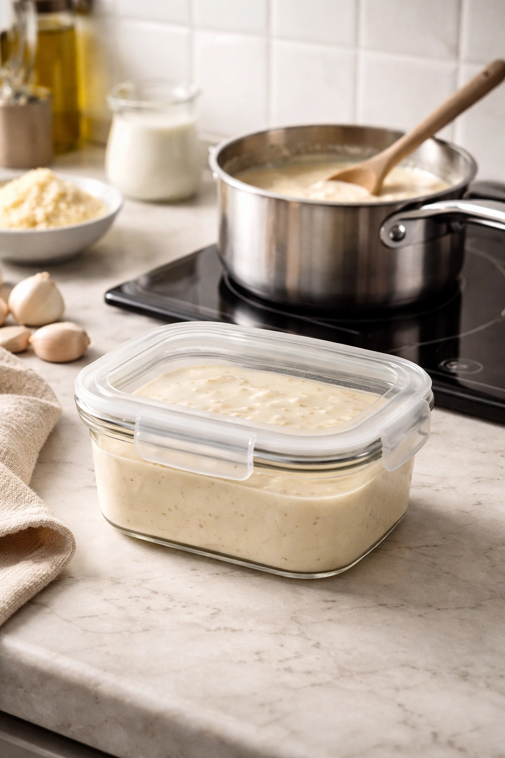 Storage and reheating scene for creamy garlic sauce with a storage container and saucepan