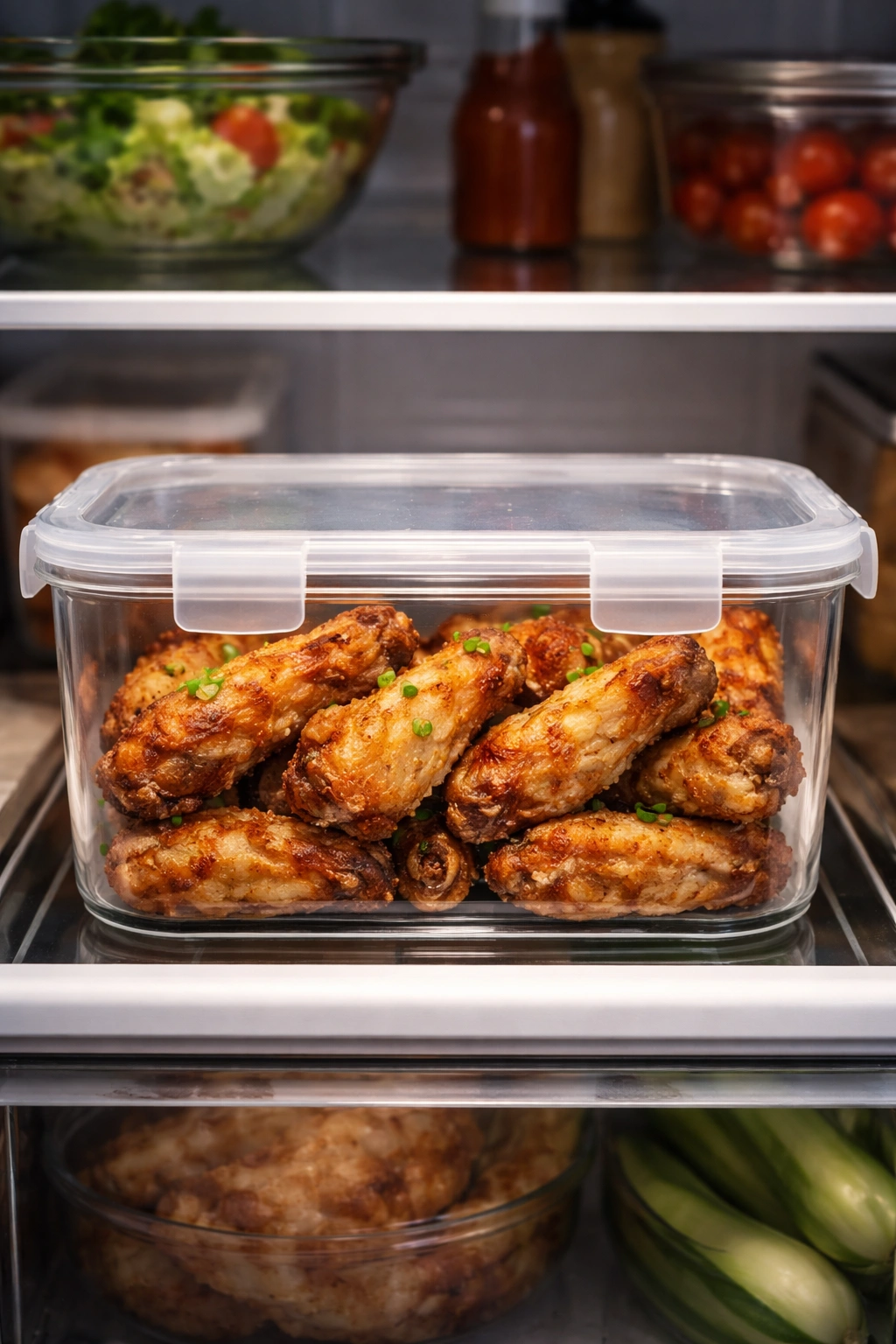 Airtight container with crispy wings stored in the fridge