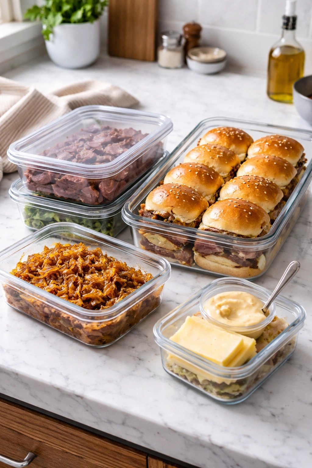 Airtight containers with roast beef and onions on a kitchen counter ready for storage.