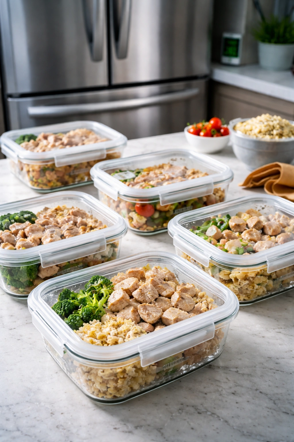 Glass airtight containers with cooked chicken on a clean counter, ready for refrigeration