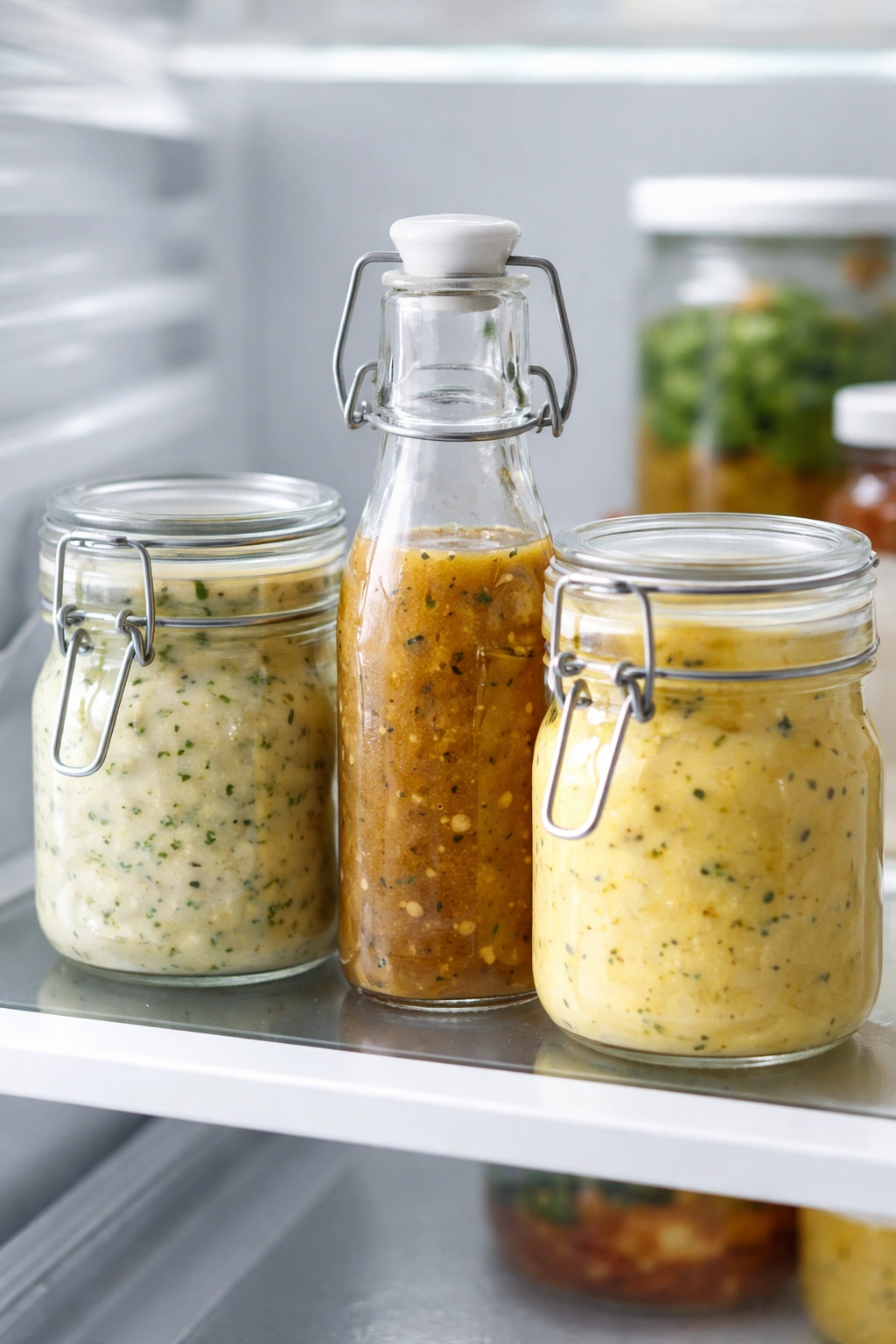A refrigerator shelf with airtight sauce containers for scallop sauces