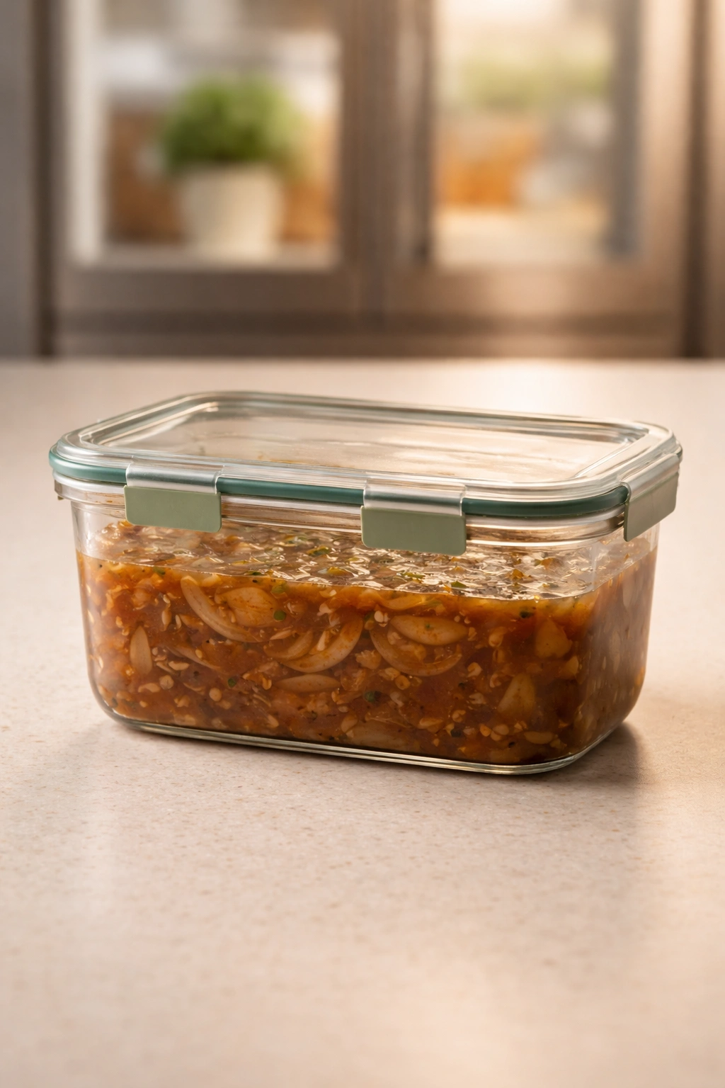 Airtight container of French onion soup stored for future use on a kitchen counter