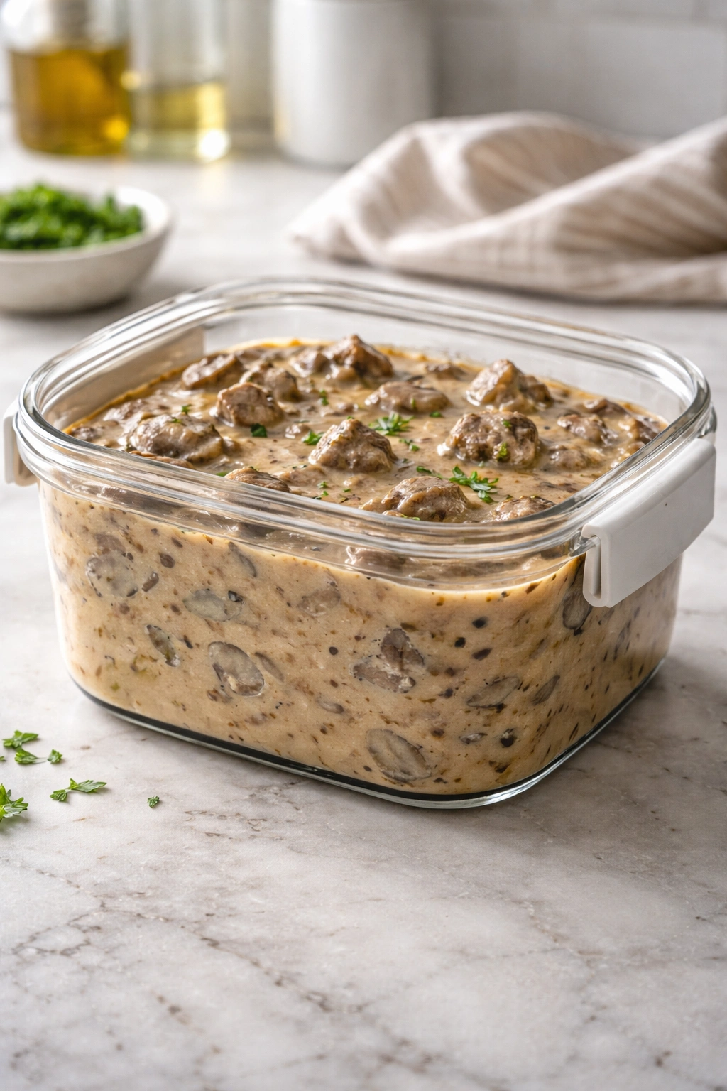 Glass storage container with stroganoff sauce on counter