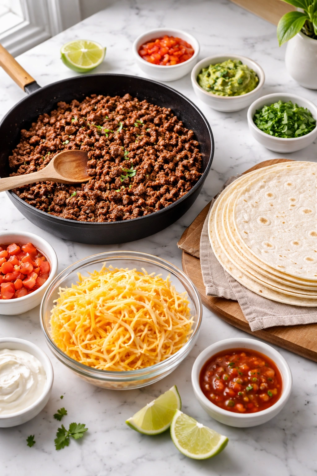 Unlabeled prep scene with browned beef, cheese, and tortillas