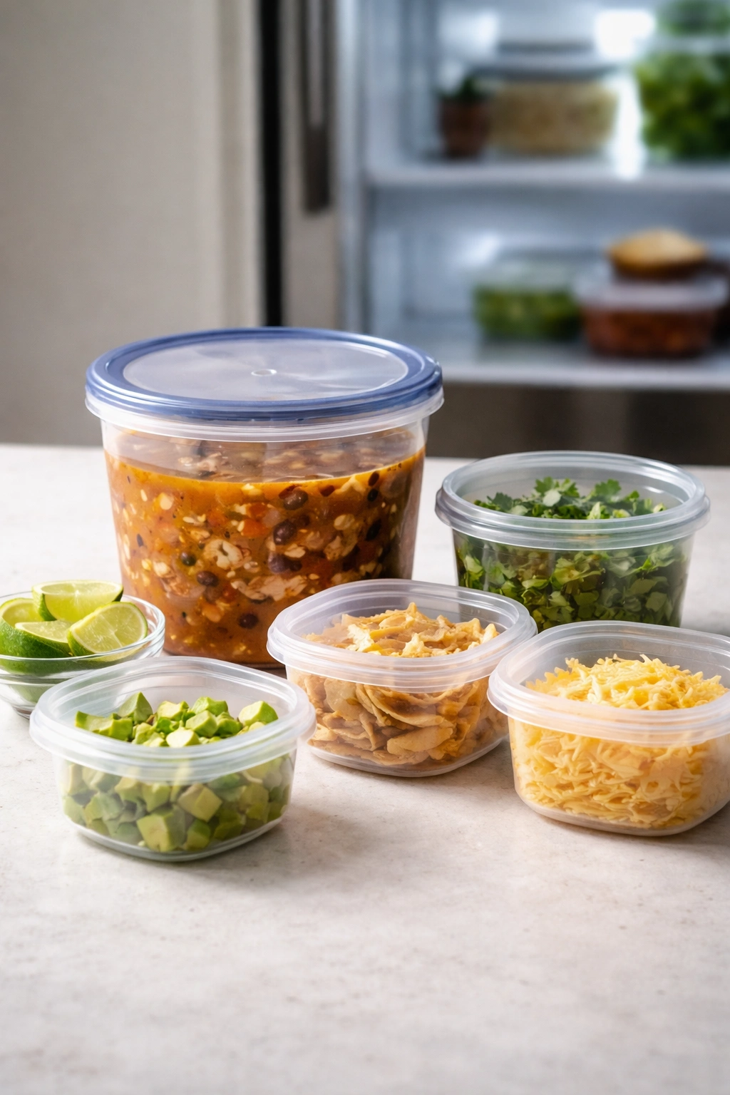 Separated broth and toppings stored in containers for reheating