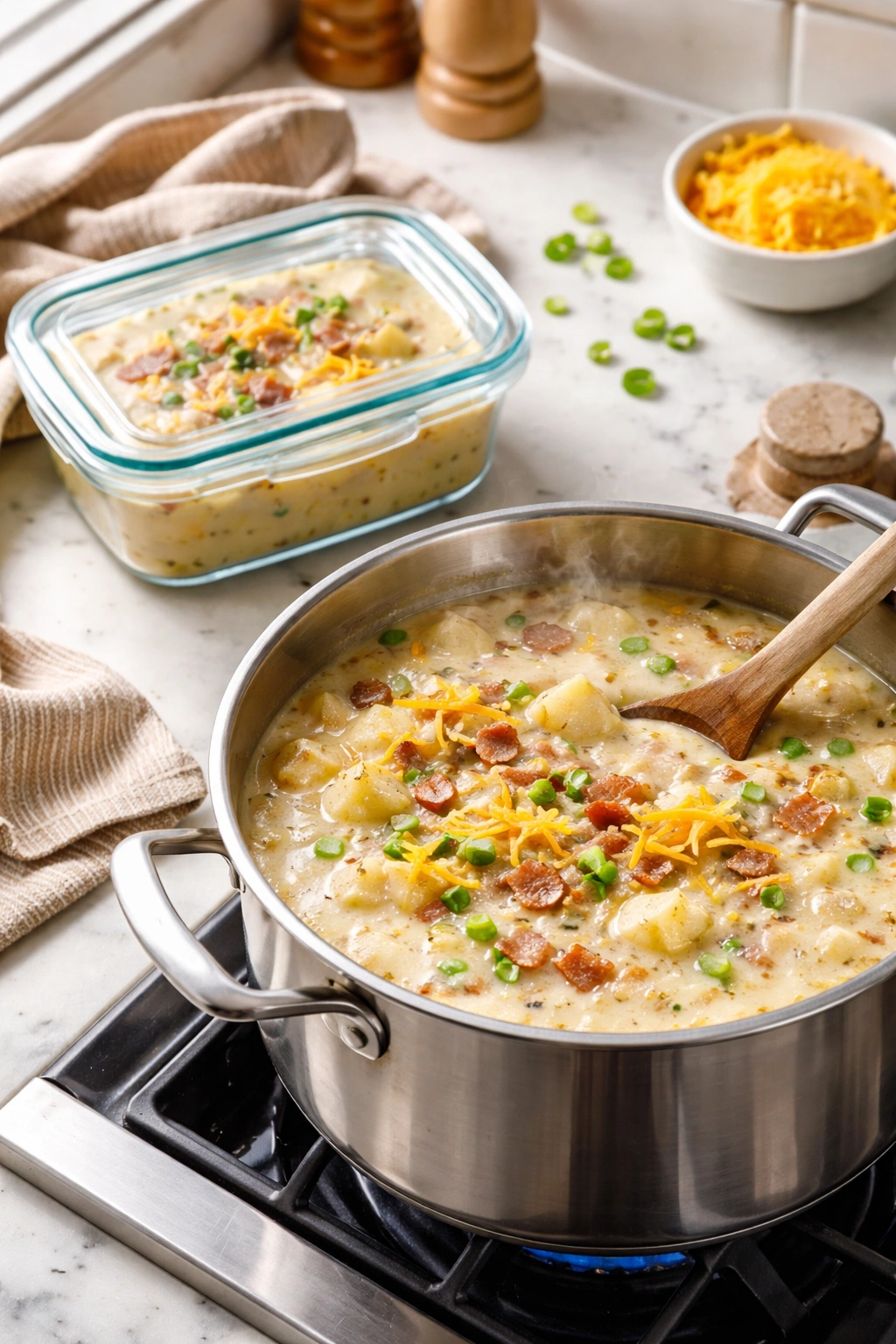 Pot of potato soup steaming on stove with container of leftovers