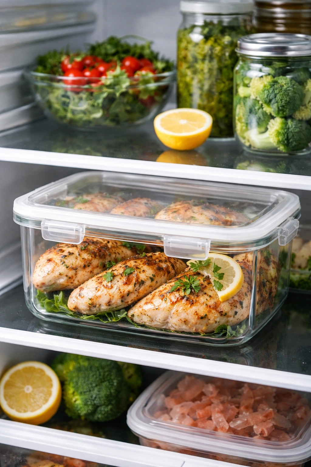 Cooked chicken in an airtight container in refrigerator