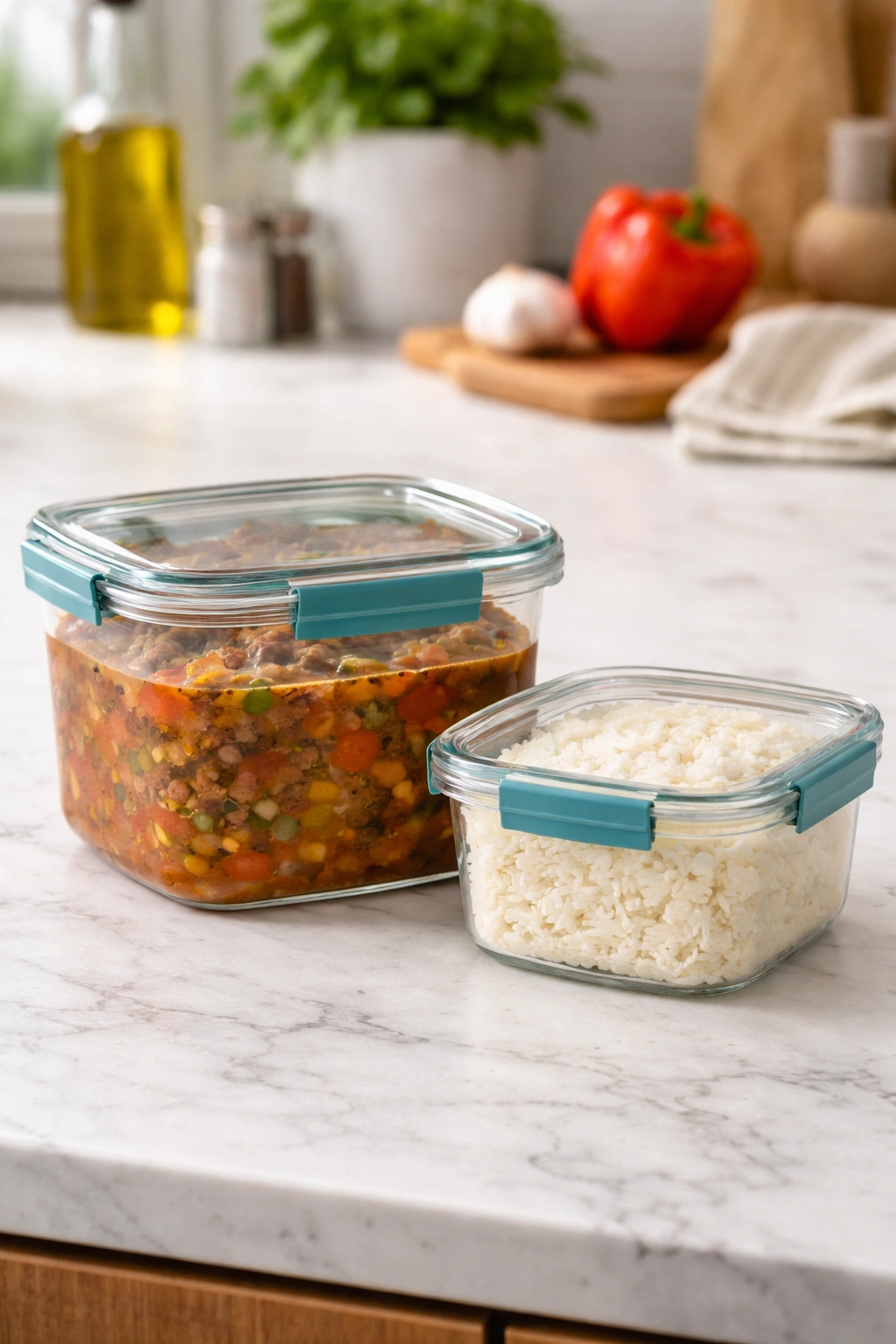 Two containers with soup and rice separated to show storage and reheating