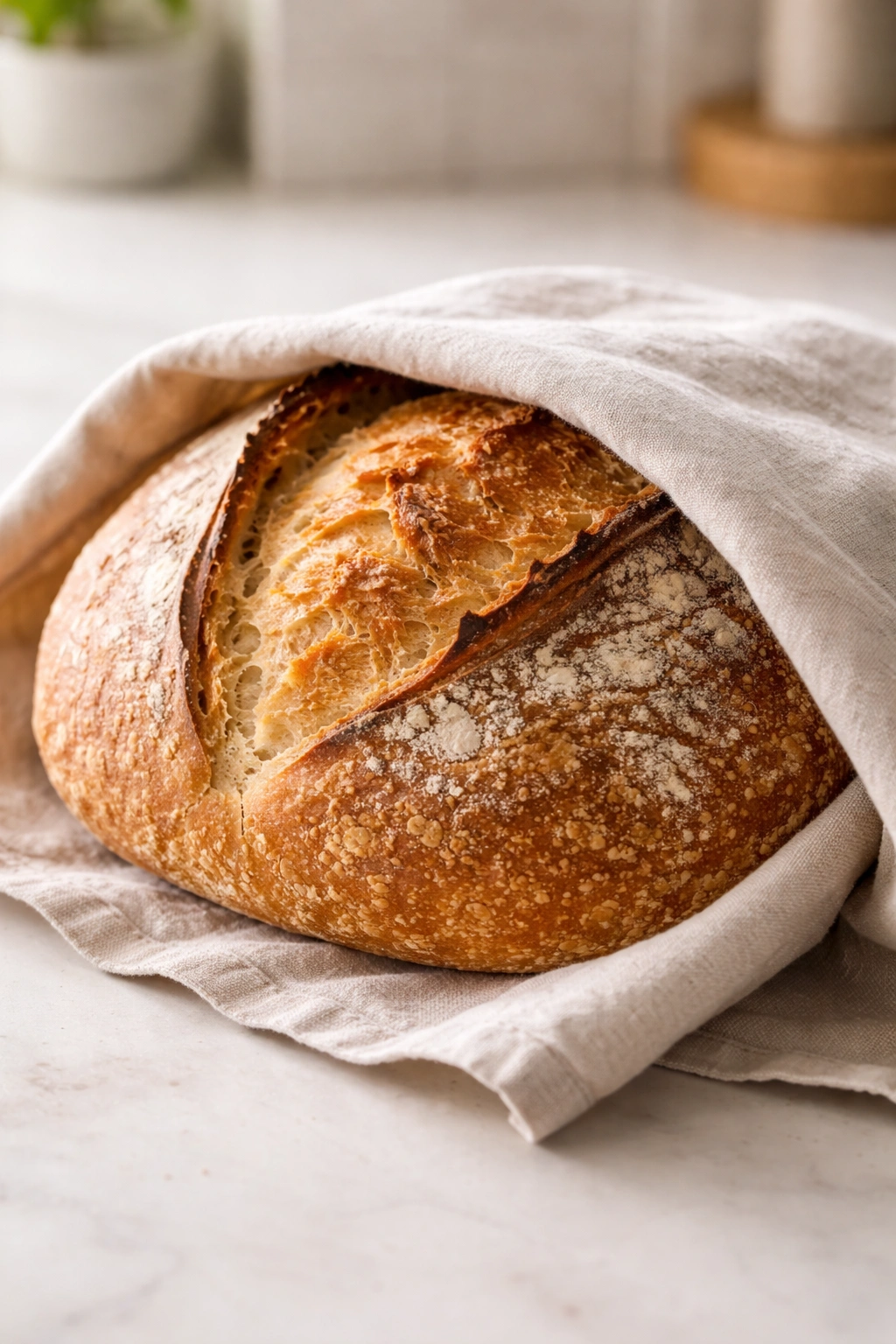 Loaf cooled and wrapped in linen towel for storage on counter