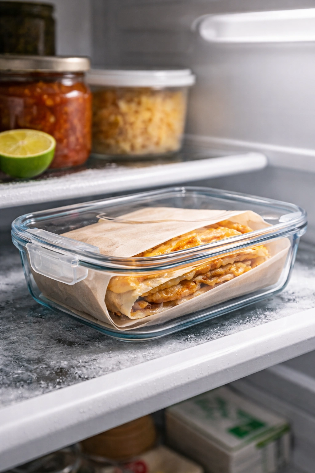Parchment-wrapped quesadilla stored in a clear fridge container