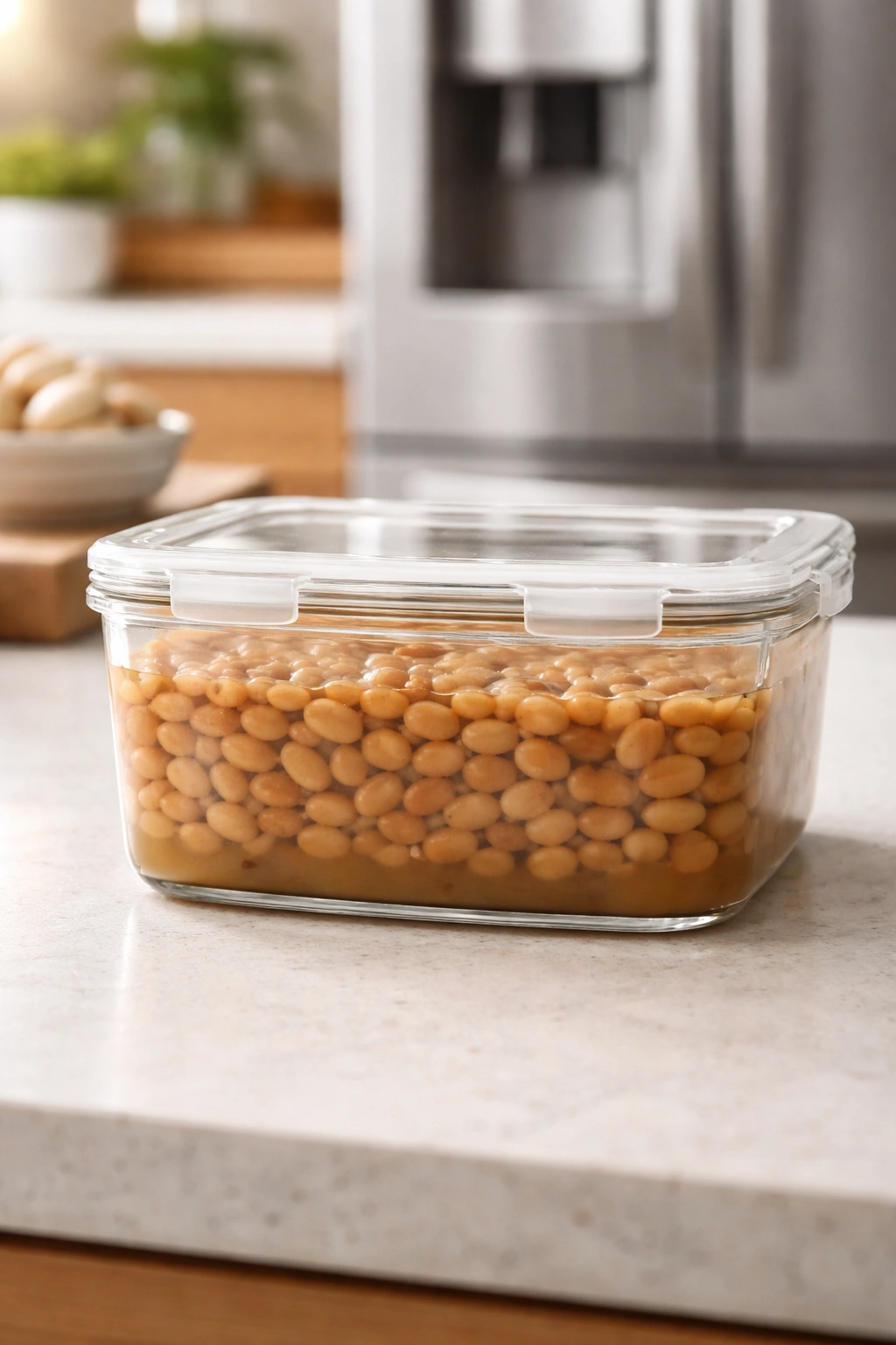 Container of cooked beans stored with liquid