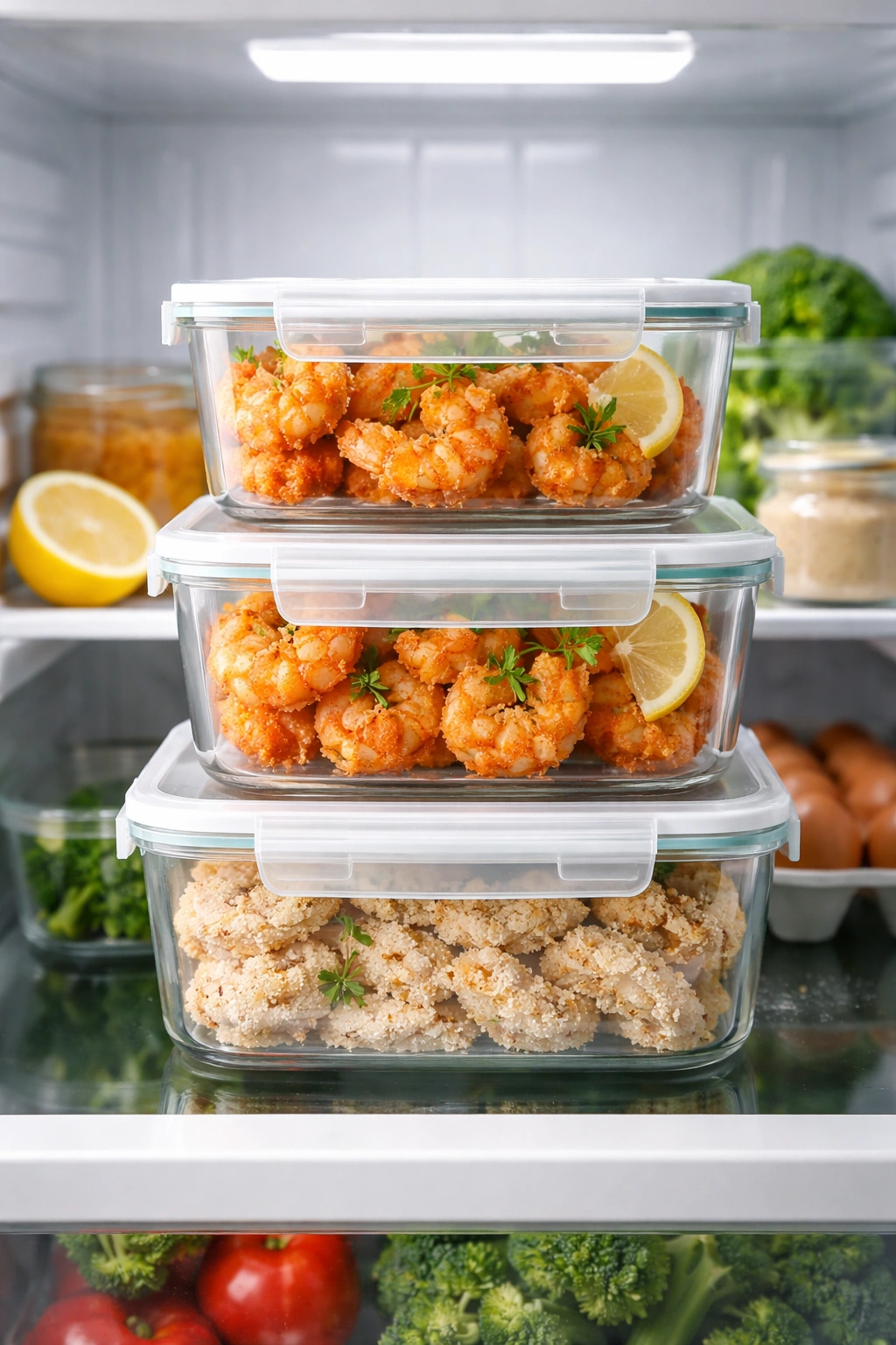 Airtight containers in fridge with cooked crispy shrimp
