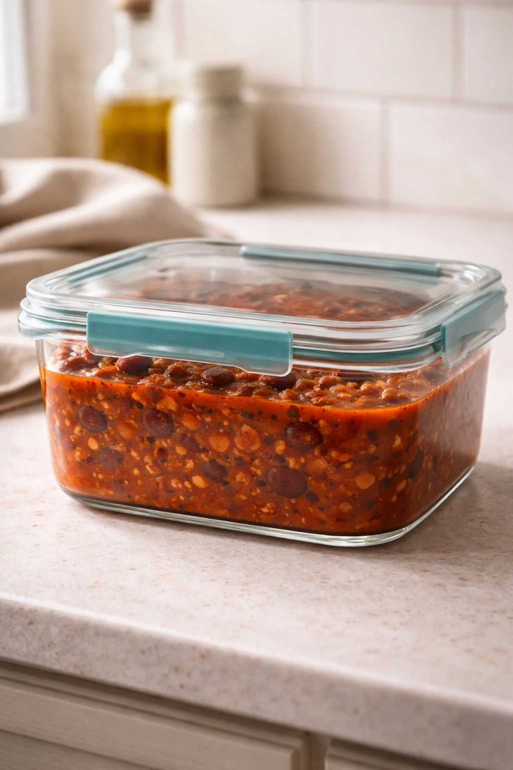 Glass container with thick chili on a kitchen counter